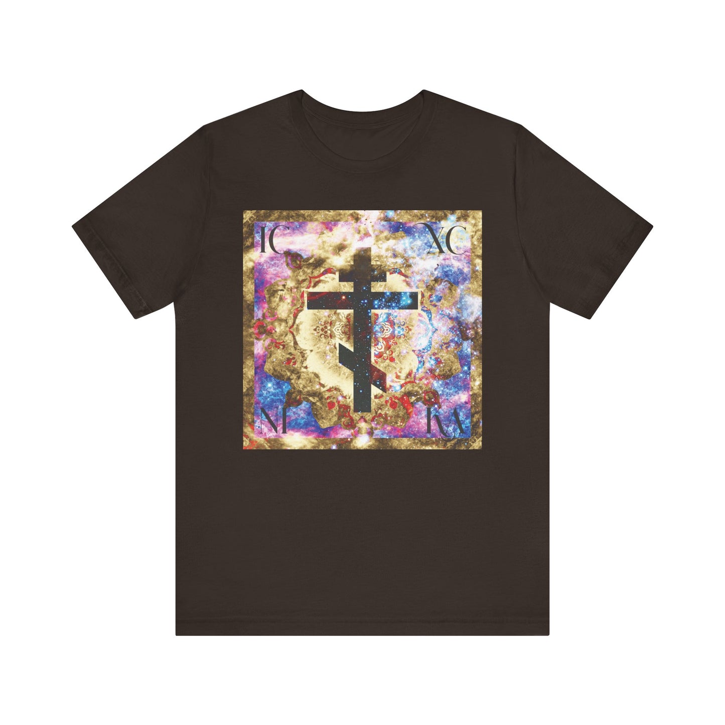Brown t-shirt featuring a gold and blue cosmic textured cross with "ICXC NIKA" lettering, inspired by Orthodox Christian faith and St. John of Kronstadt, made from lightweight cotton for unisex wear.