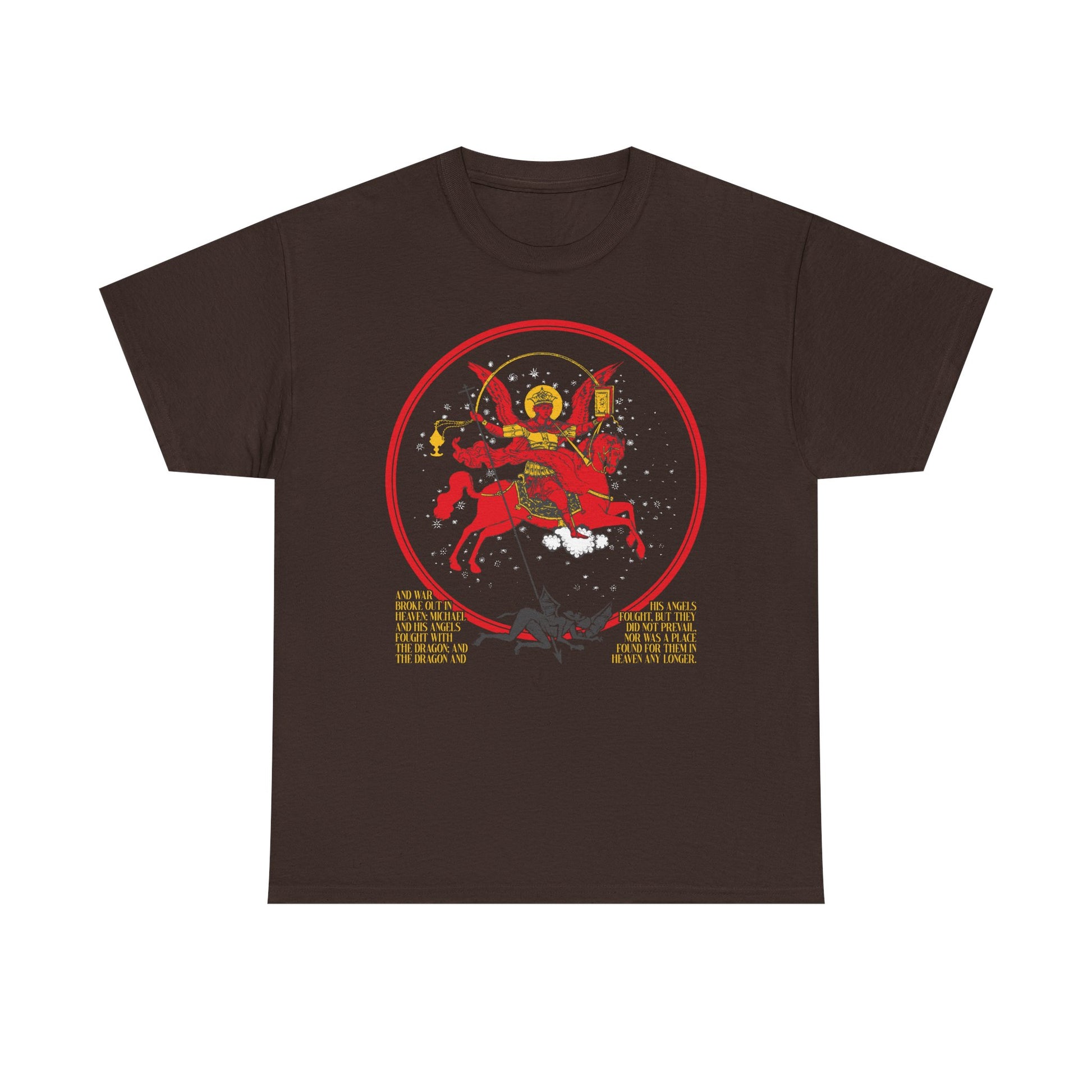 Dark Chocolate midweight cotton tee featuring an illustration of Archangel Michael of the Apocalypse amid stars and text referencing "Death is Swallowed Up In Victory" (Revelation 12:7-9). Double-sided Orthodox unisex design.