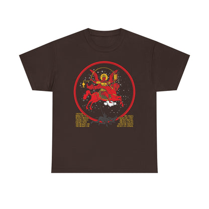 Dark Chocolate midweight cotton tee featuring an illustration of Archangel Michael of the Apocalypse amid stars and text referencing "Death is Swallowed Up In Victory" (Revelation 12:7-9). Double-sided Orthodox unisex design.