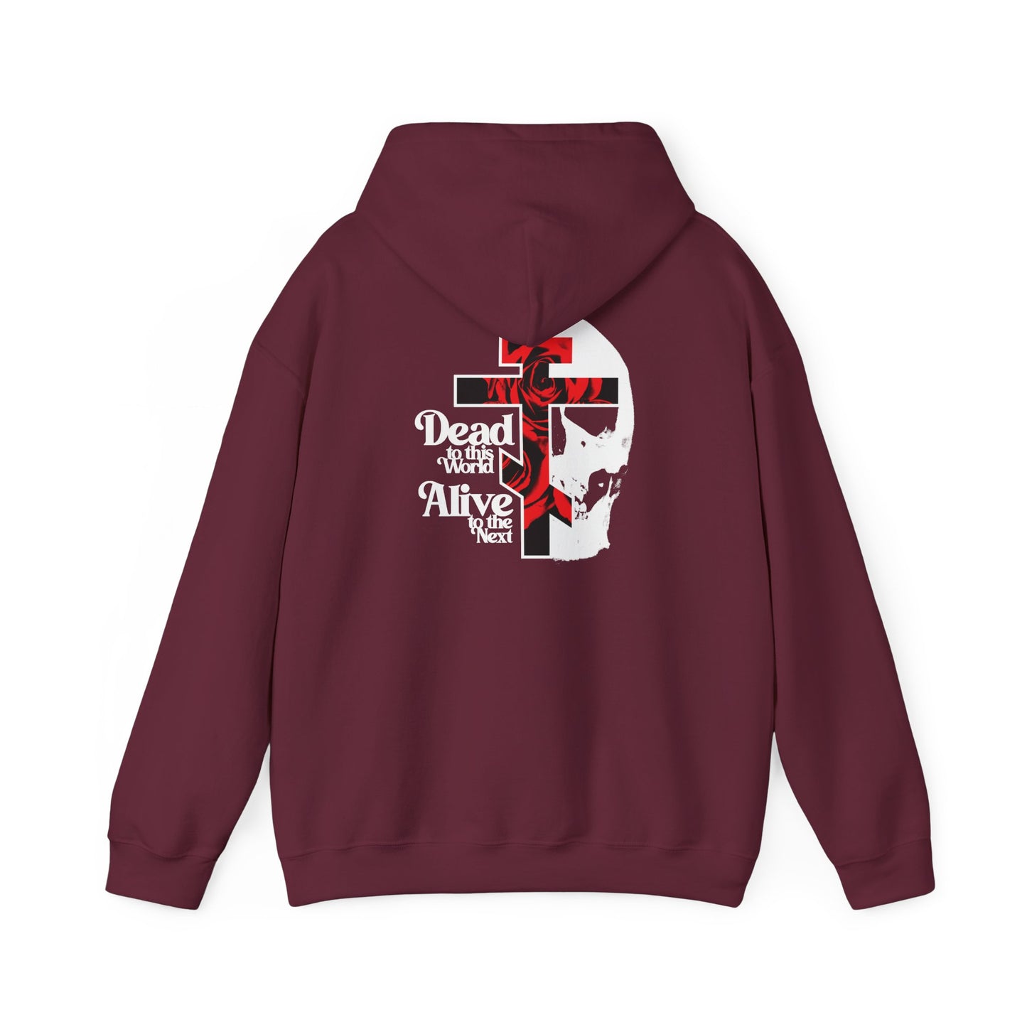 Maroon “Dead to this World” BACK DESIGN Orthodox Christian hoodie featuring a bold flower cross and skull graphic with 70s typography—an eye-catching statement of renunciation inspired by The Ladder of Divine Ascent.