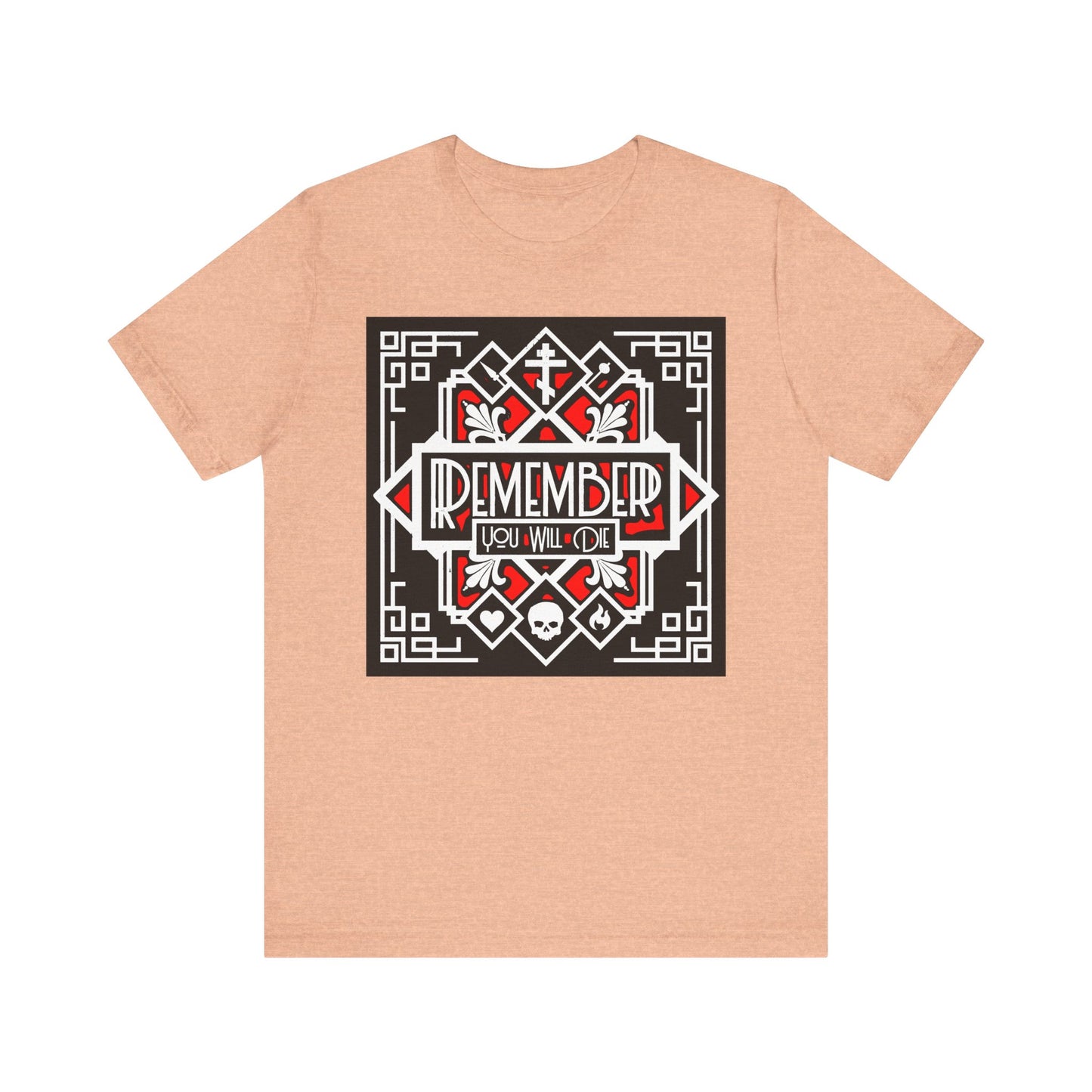 Heather peach lightweight cotton t-shirt featuring a striking red and white Art Deco design with a heart, skull, and fire graphic reading "Remember You Will Die"—a bold Orthodox Christian memento mori inspired by St. Ignatius Brianchaninov, serving as a powerful reminder that self-awareness is deadly for sin.