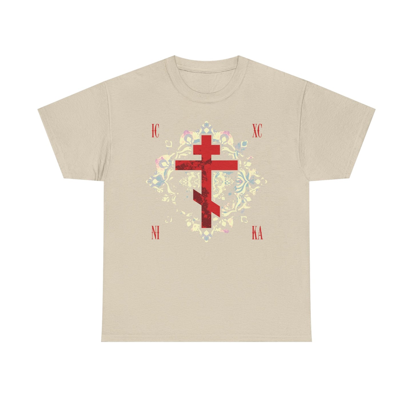 ICXC NIKA | Jesus Christ Conquers | Textured Red Orthodox Cross w/ Medieval Floral Background | Orthodox Midweight Cotton Unisex Tee