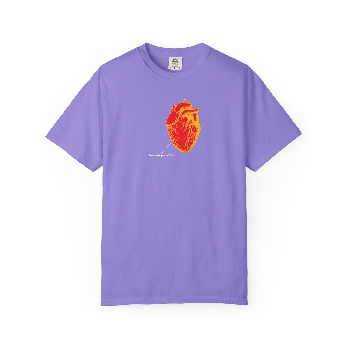 The Remember You Will Die Antique Medical Textbook Heart Design tee features a red & orange heart and "honored you existed" text on violet heavyweight cotton, combining memento mori art with a soulful reflection.