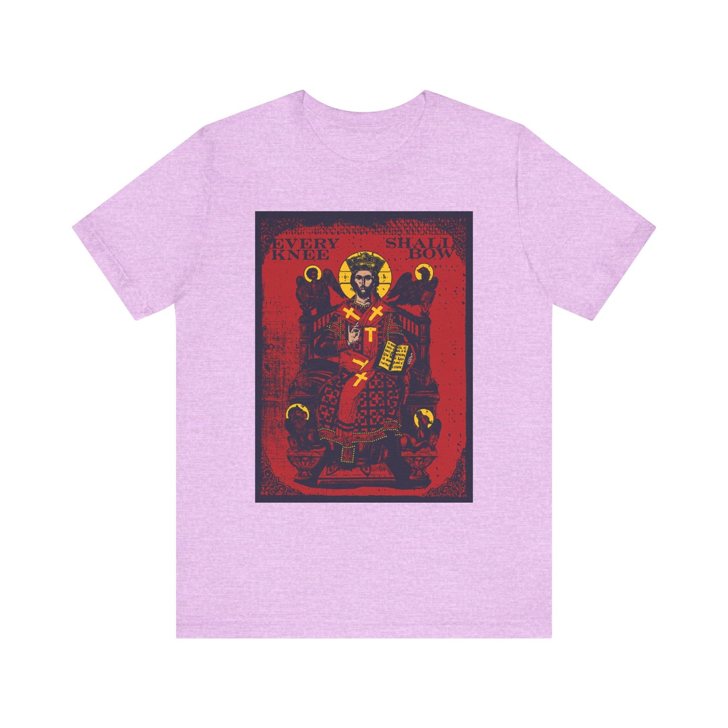 Heather Prism Lilac t-shirt with crowned Christ Enthroned IconoGraphic and "Every Knee Shall Bow" text, inspired by Phil 2:8-11 and Isaiah 45:23. Features Ezekiel's Chariot design on soft, lightweight cotton.