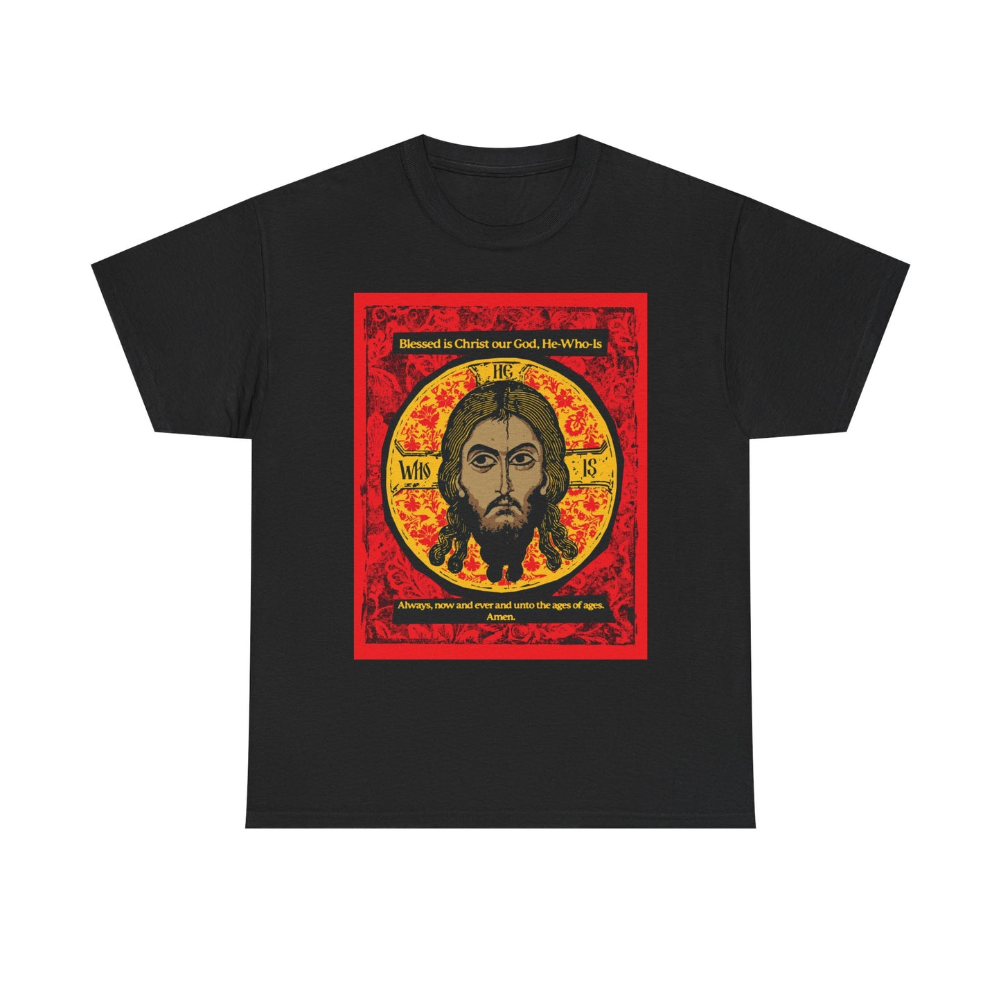 Black "Made Without Hands" heavy cotton t-shirt featuring a Mandylion (Image of Edessa) Orthodox icon of Jesus Christ with hymn-inspired text, graphic design on striking red background.