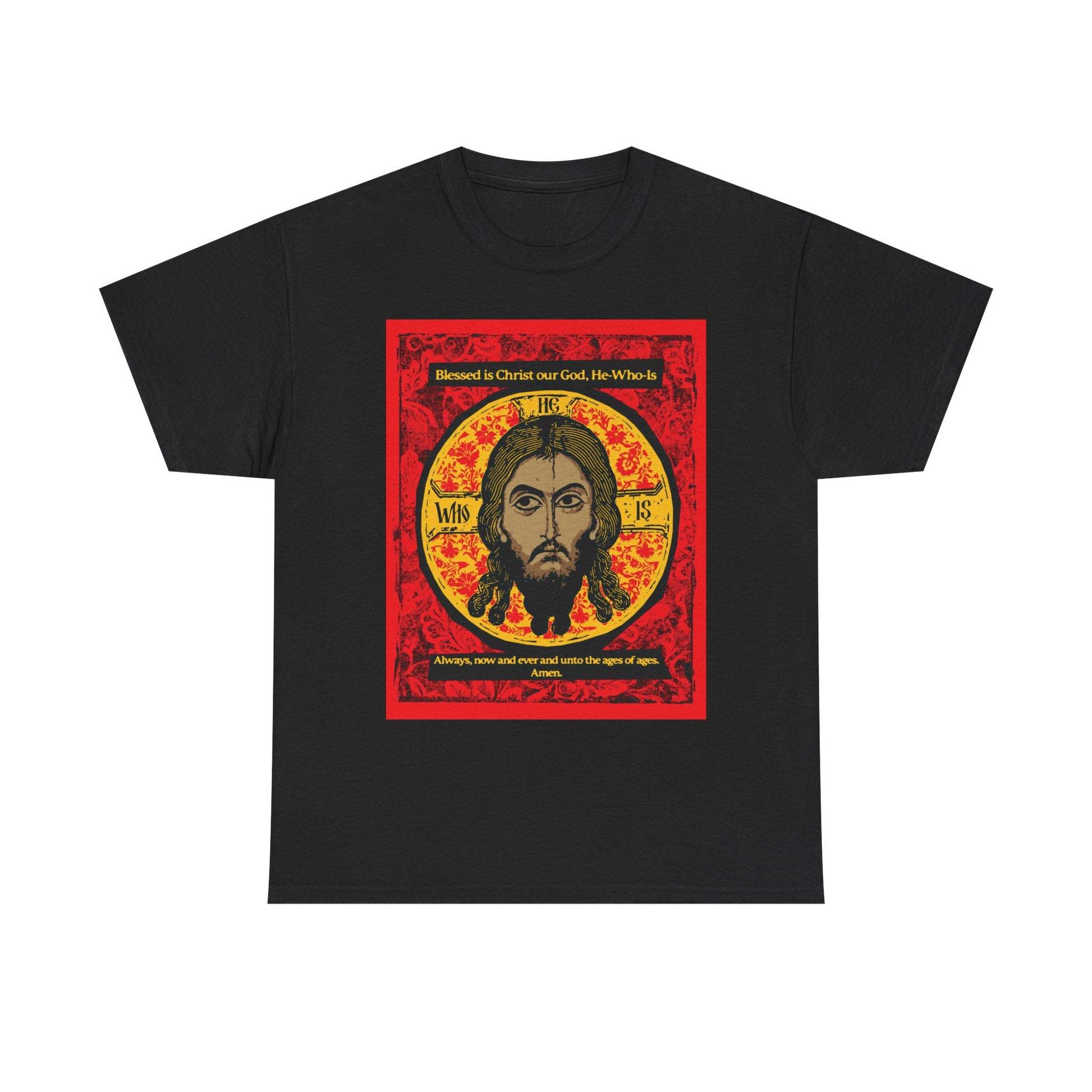 Black "Made Without Hands" heavy cotton t-shirt featuring a Mandylion (Image of Edessa) Orthodox icon of Jesus Christ with hymn-inspired text, graphic design on striking red background.
