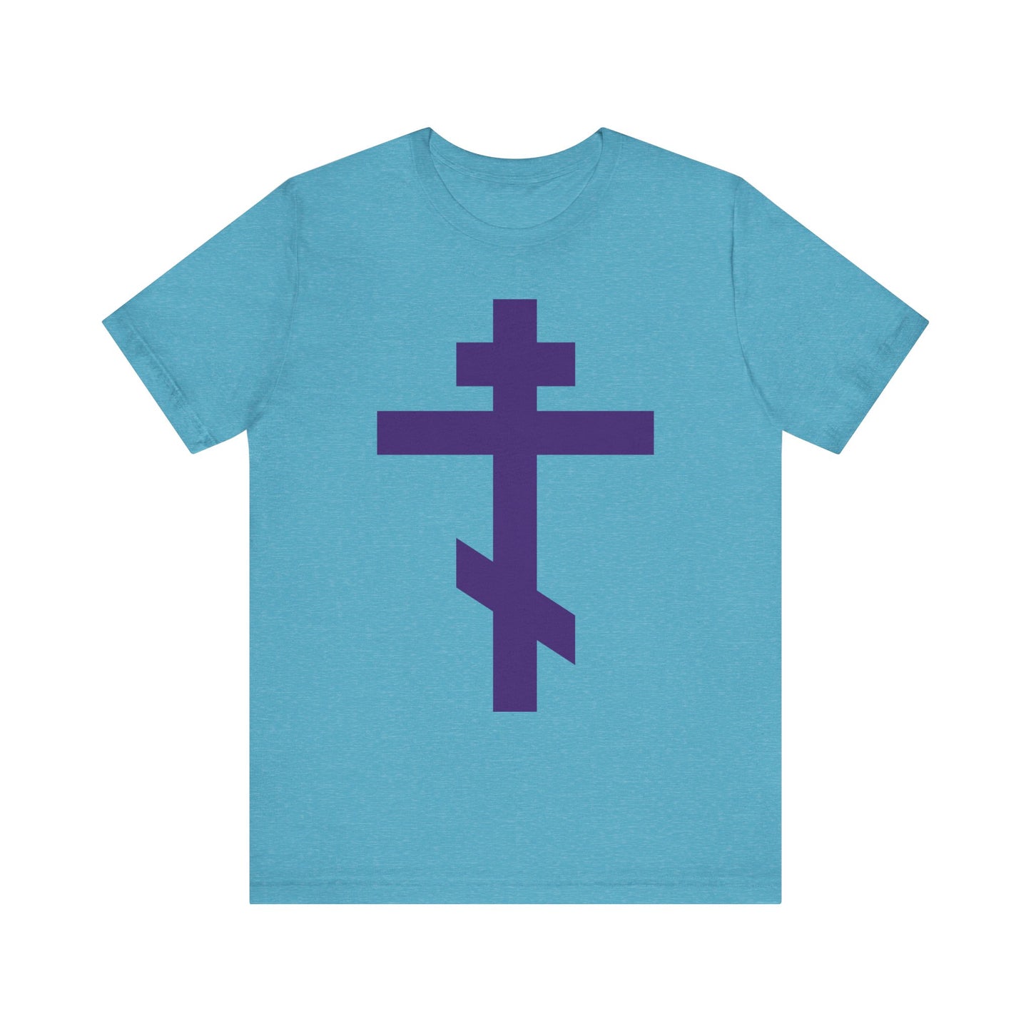 Heather Aqua t-shirt featuring a large purple Orthodox Tribar Cross design on the front, inspired by the enduring faith of St. John of Kronstadt and symbolizing the Saviour’s love, with the message "Preserve Thy People By Thy Cross, O Lord"—a lightweight cotton unisex tee celebrating that Christ is King.