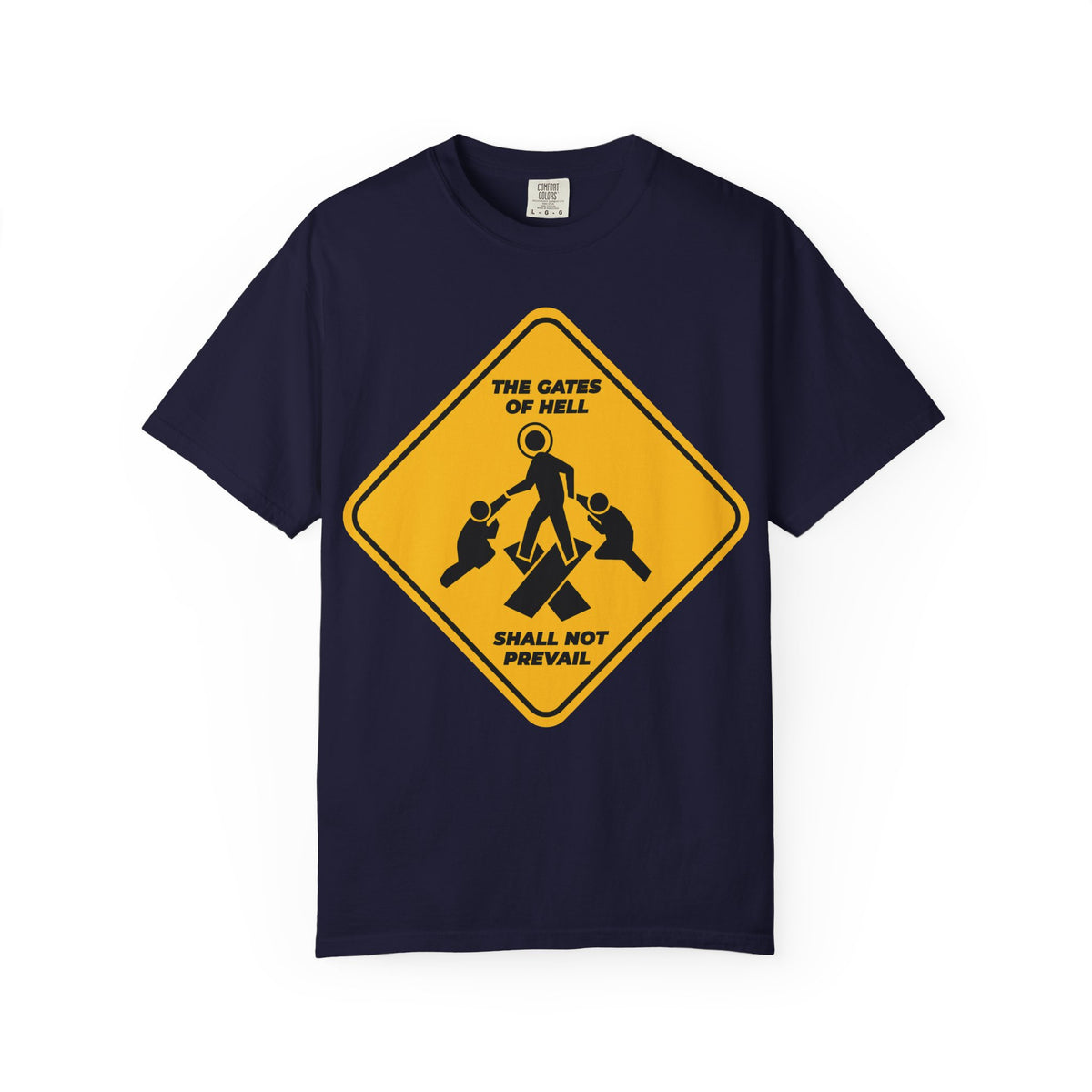 True Navy “Gates of Hell Shall Not Prevail” heavyweight cotton unisex tee featuring a yellow street sign minimalist Pascha icon with three figures and the message: Trampling Down Death by Death—discover the treasures of darkness. Inspired by St John Chrysostom and Isaiah 45:2-3.