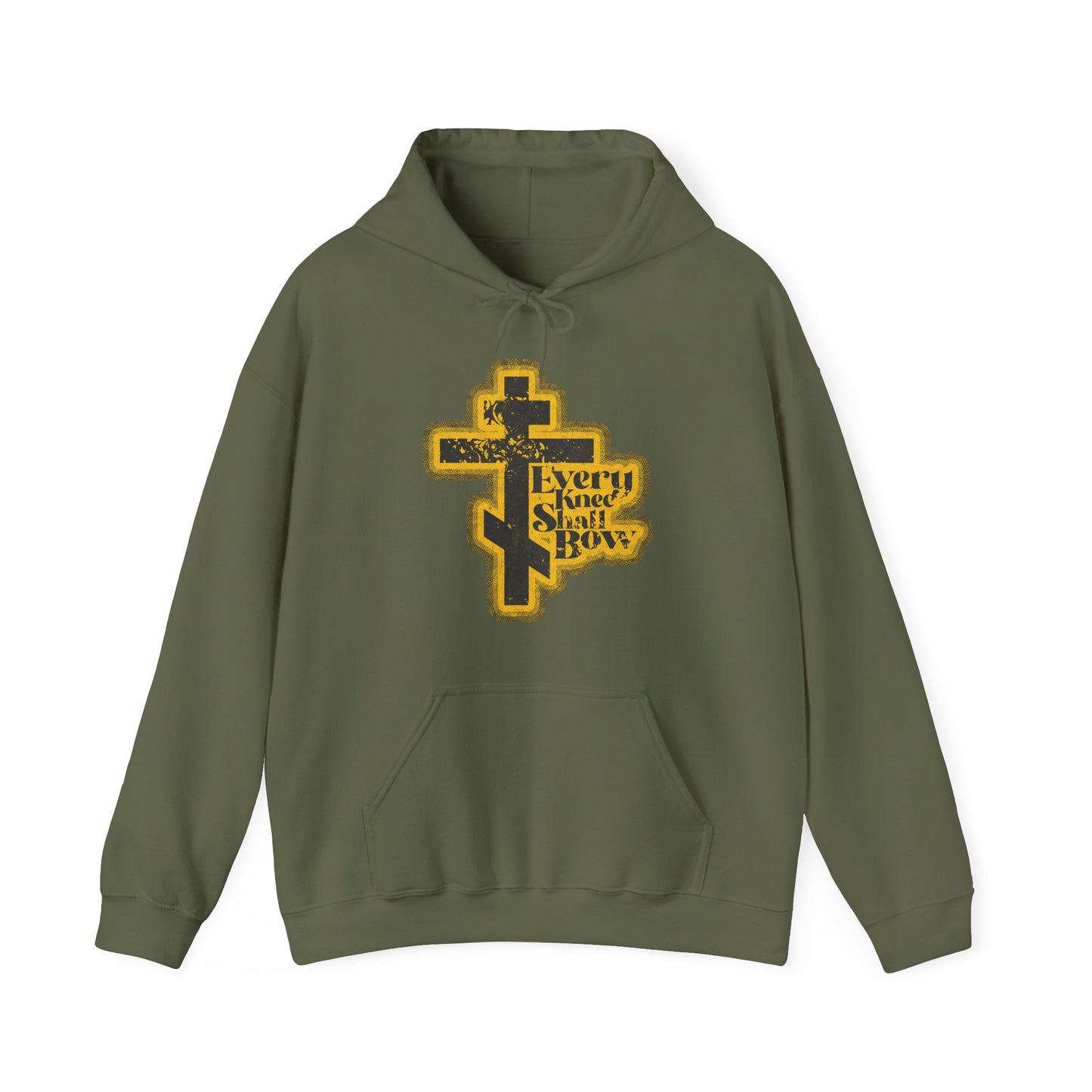 Military green “Every Knee Shall Bow” hoodie with a 70s distressed halftone comic book design, featuring Philippians 2:10-11, Isaiah 45:23, and an Orthodox cross—a bold reminder that Jesus Christ is Lord.