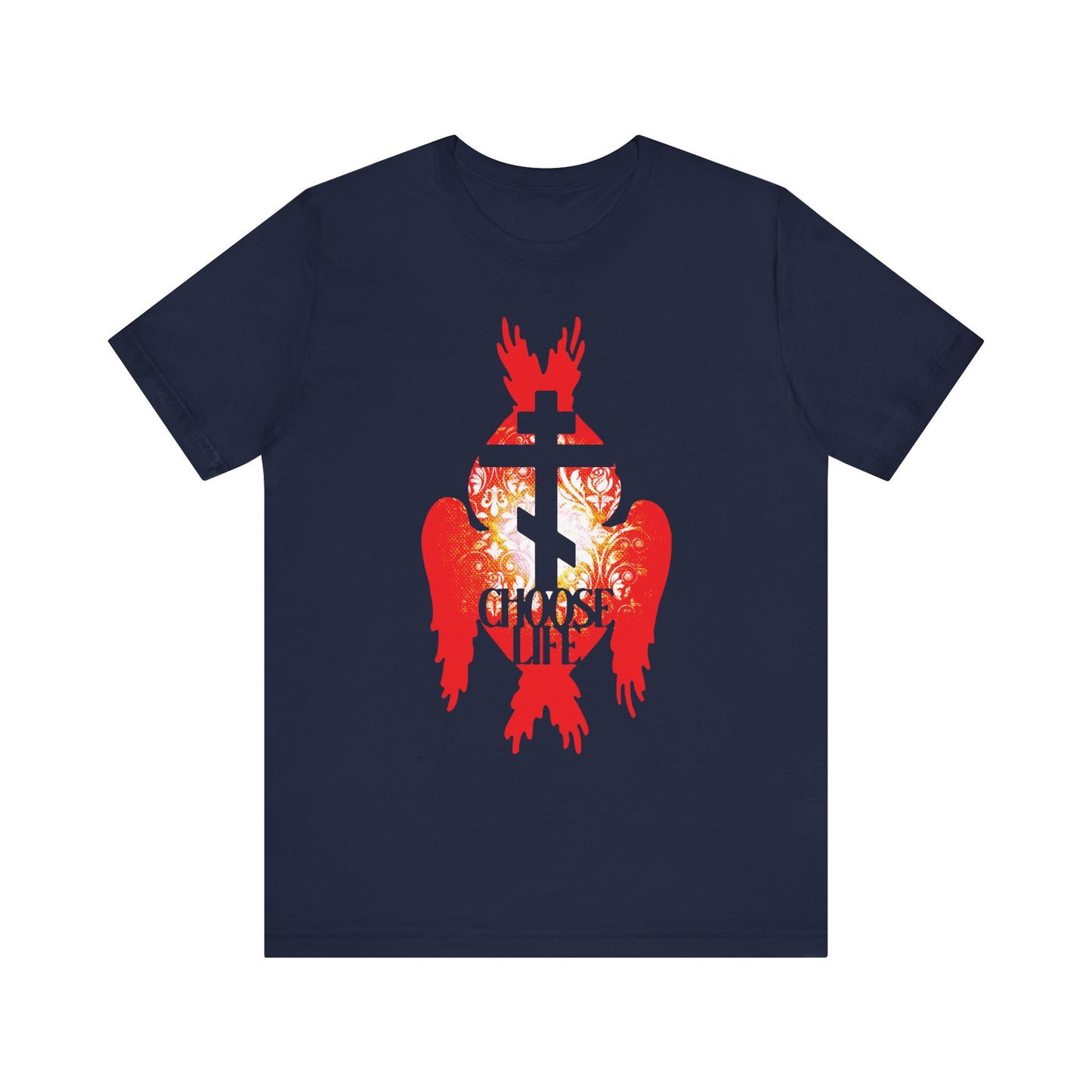 Navy “Choose Life” unisex tee featuring an Orthodox cross, fiery seraphim angel wings, and floral accents—a Christian cotton shirt inspired by the narrow path to eternal joy.