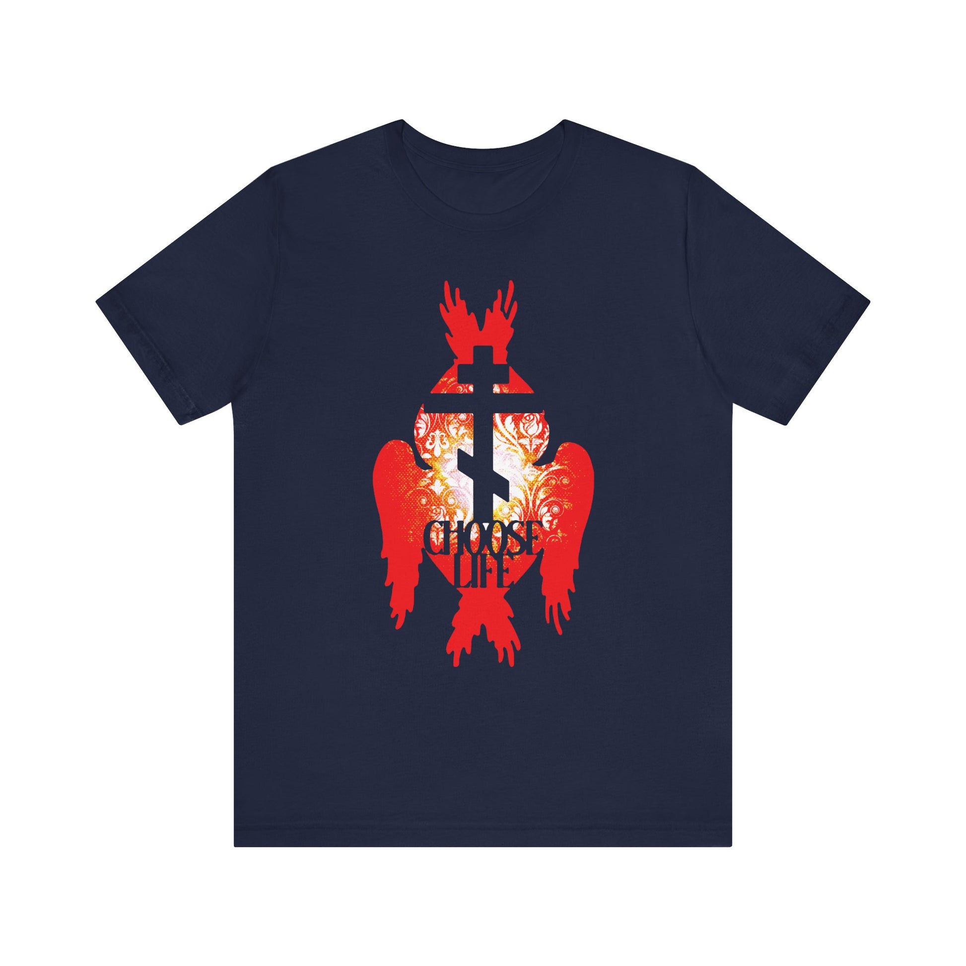 Navy “Choose Life” unisex tee featuring an Orthodox cross, fiery seraphim angel wings, and floral accents—a Christian cotton shirt inspired by the narrow path to eternal joy.