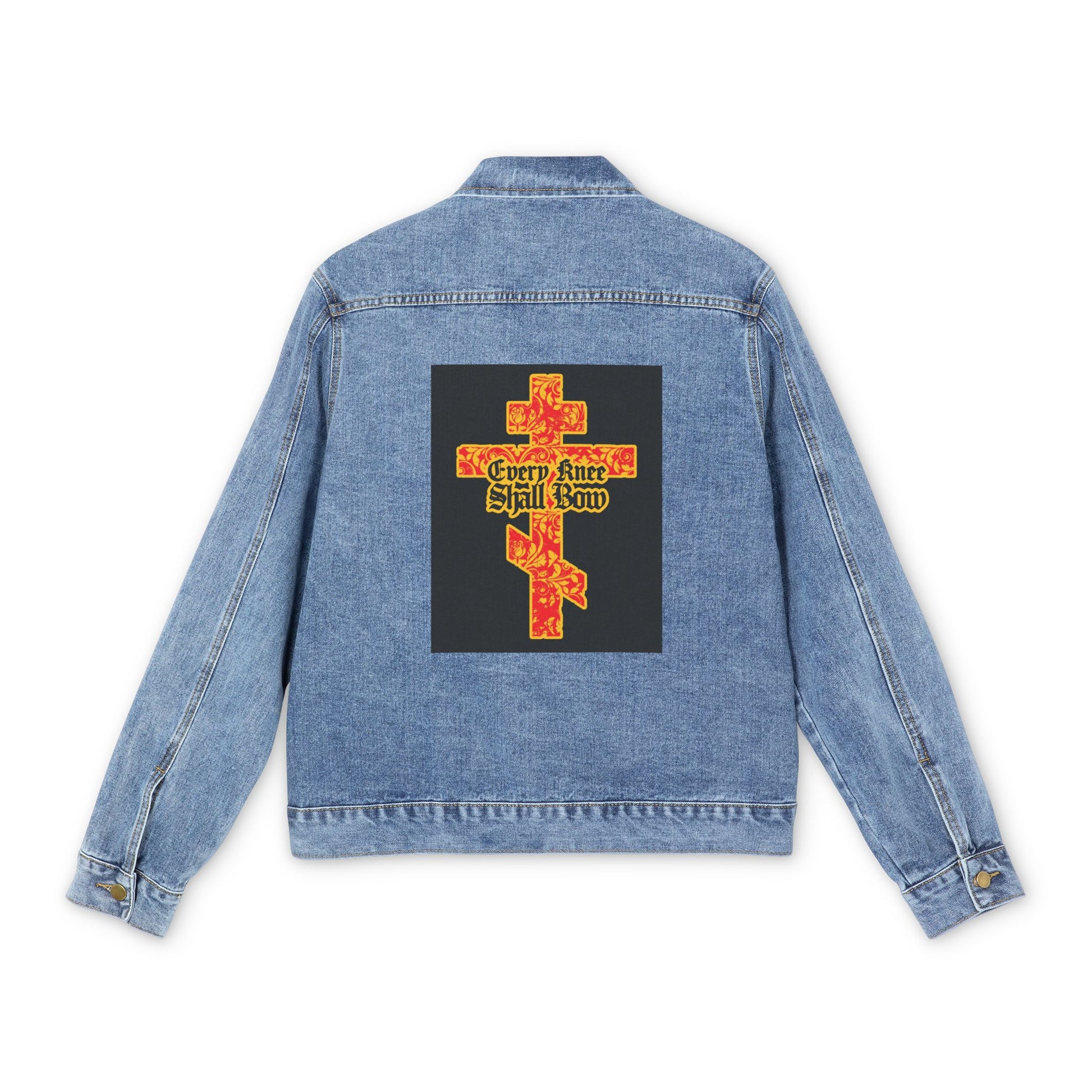Light blue Christian jean jacket with a gold and red floral Orthodox cross and “Every Knee Shall Bow” (Isaiah 45:22-24, Phil 2:7-11) in Gothic lettering on the back, declaring Jesus Christ is Lord.