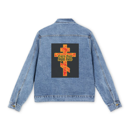 Light blue Christian jean jacket with a gold and red floral Orthodox cross and “Every Knee Shall Bow” (Isaiah 45:22-24, Phil 2:7-11) in Gothic lettering on the back, declaring Jesus Christ is Lord.