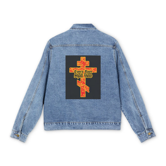 Light blue Christian jean jacket with a gold and red floral Orthodox cross and “Every Knee Shall Bow” (Isaiah 45:22-24, Phil 2:7-11) in Gothic lettering on the back, declaring Jesus Christ is Lord.