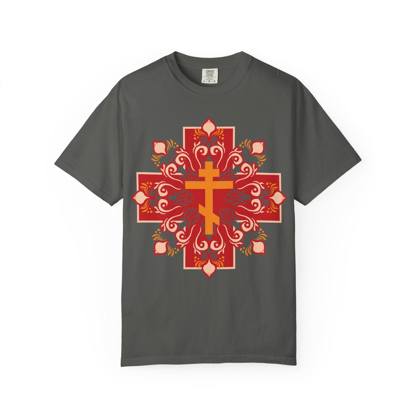 Orange & Red Orthodox Cross Colorful Festive Design | By His Wounds You Have Been Healed (1 Peter 2:24) | Orthodox Heavyweight Cotton Unisex Tee
