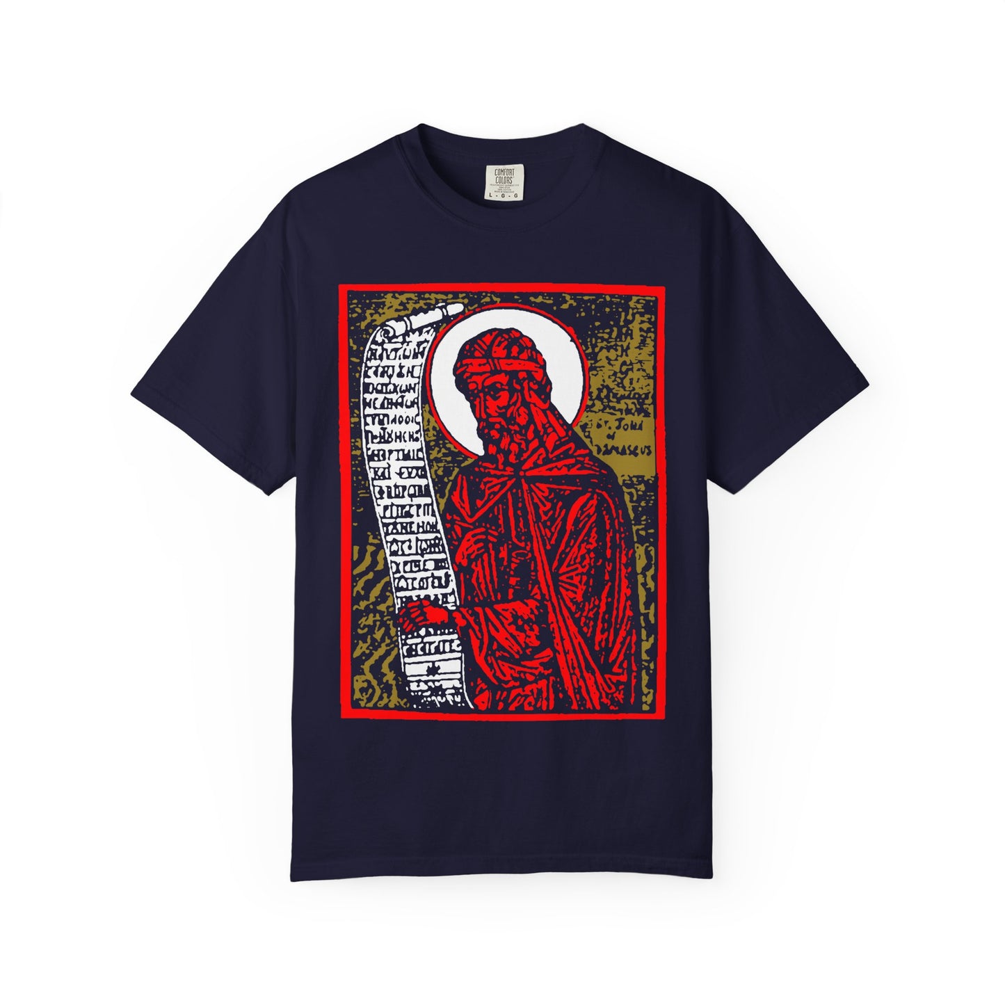 The St. John of Damascus Icono-Graphic tee is a heavyweight cotton unisex shirt in True Navy, featuring a red and gold high contrast graphic inspired by Orthodox funeral hymns and the Stichera for the Dead.