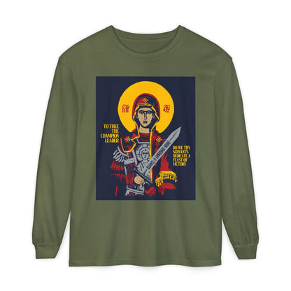 To Thee the Champion Leader | Mother of God | Theotokos with Sword IconoGraphic | Orthodox Christian Long Sleeve Shirt