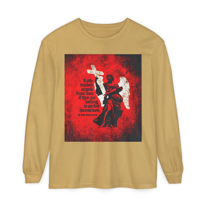 Little Divides Angels from Men | Christian Perfection | St John Chrysostom | Textured Cemetery Angel | Orthodox Christian Long Sleeve Shirt