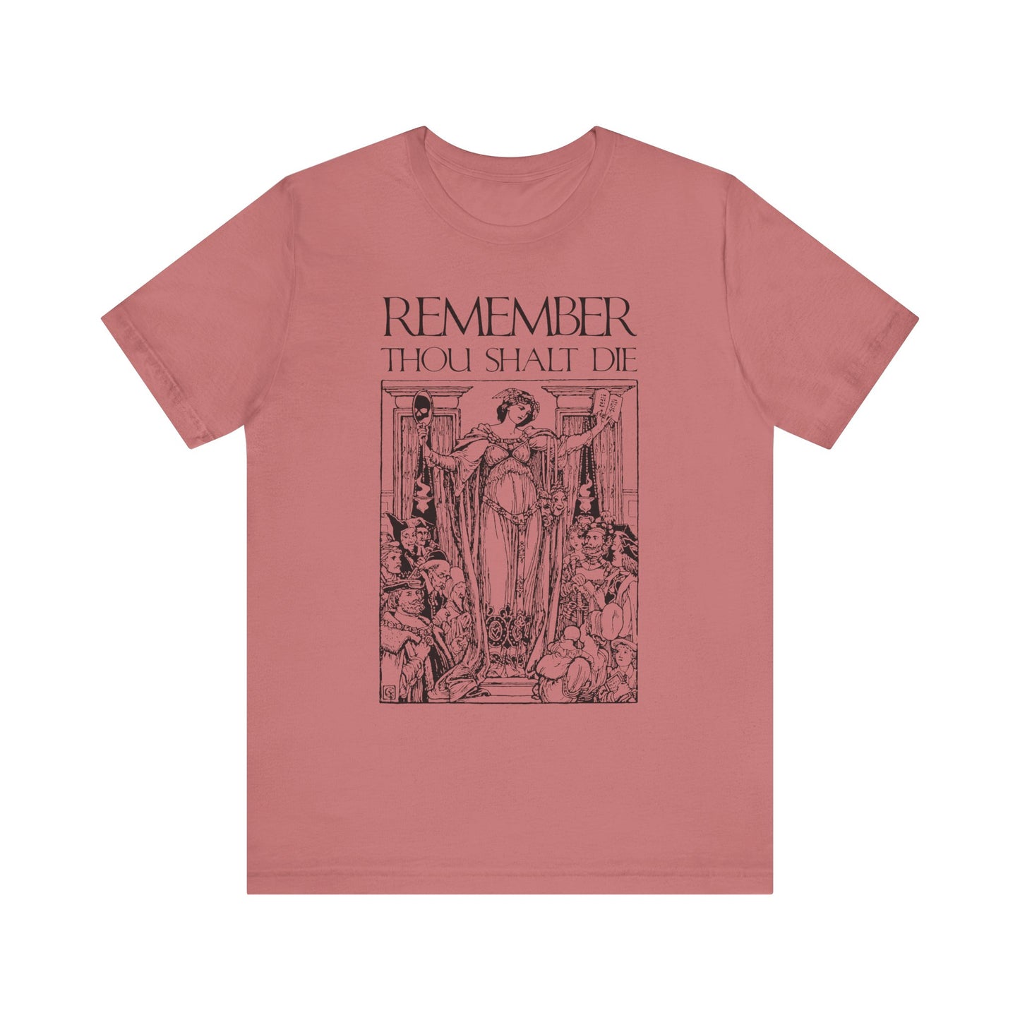 Mauve unisex tee featuring a classic woodcut skeleton inspired by St Ephraim the Syrian and Memento Mori, with "Remember You Will Die" above the design; lightweight cotton, Shakespearean Christian aesthetic.
