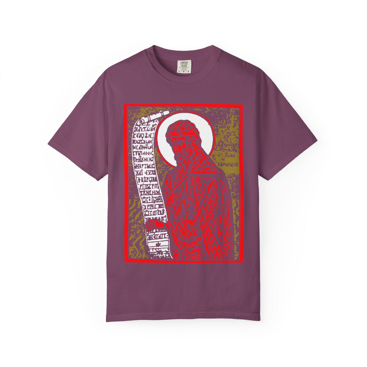 Berry-colored heavyweight cotton unisex tee, "St. John of Damascus Icono-Graphic," featuring a high-contrast red, gold, and black design inspired by Orthodox Christian iconography and funeral hymns.