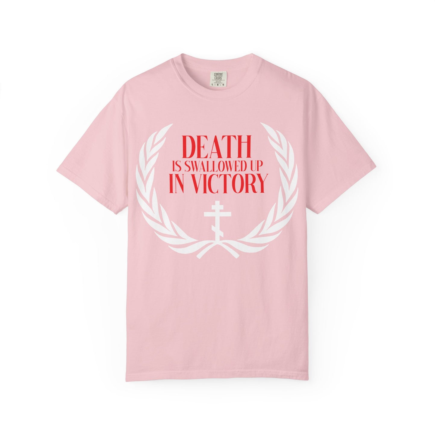 The Blossom Death is Swallowed Up In Victory (1 Cor 15:54) heavyweight cotton t-shirt features a white laurel, Orthodox cross, and red text that reads “Death is swallowed up in victory,” celebrating the promise of incorruption and immortality.
