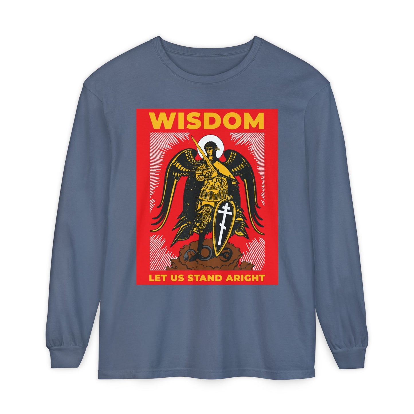 Blue Jean long-sleeve cotton shirt featuring Russian illustration of Archangel Michael the Warrior with shield and sword, the word WISDOM, and "Let Us Stand Aright"—inspired by Revelation 12. Orthodox Christian design.