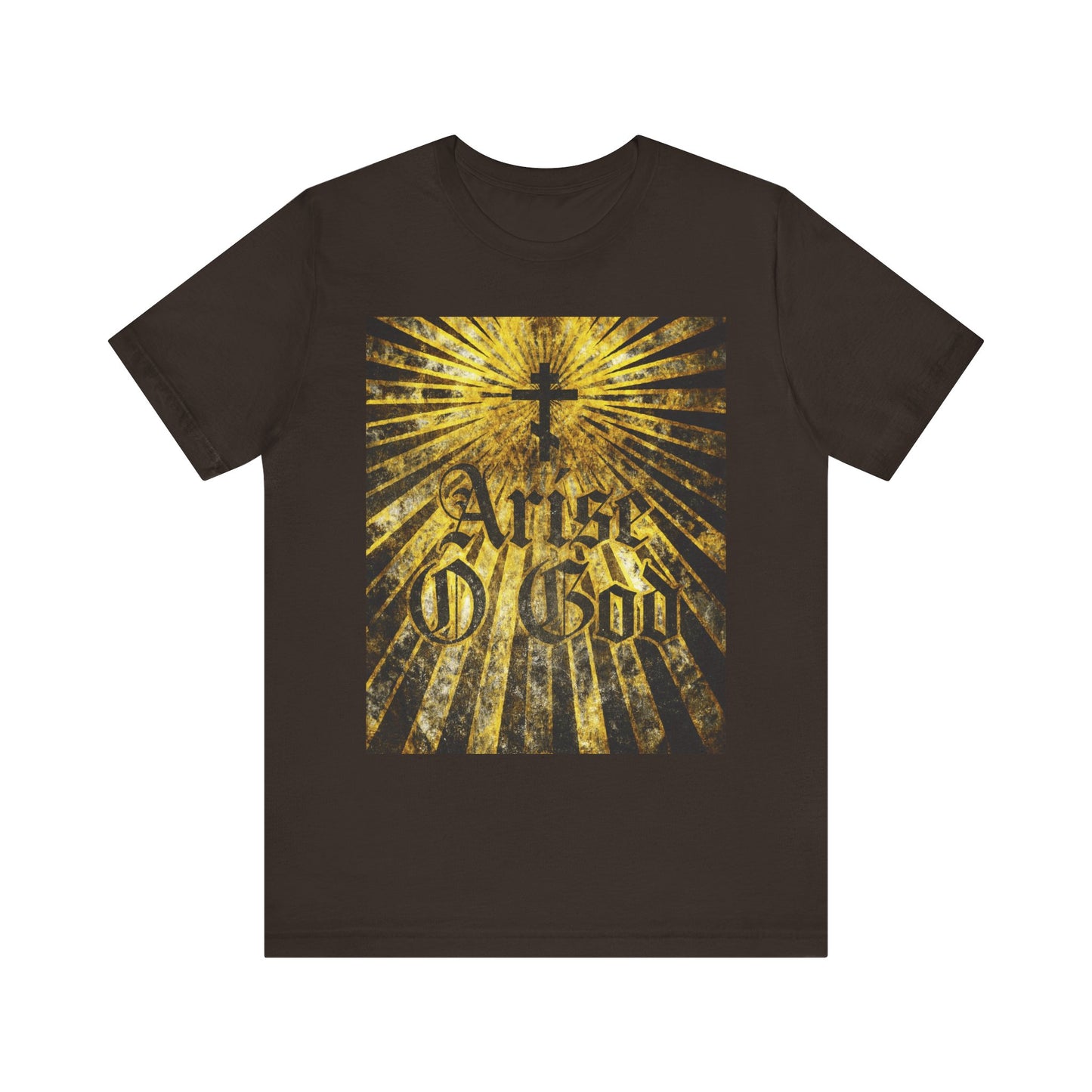Brown unisex t-shirt featuring "Arise O God" from Psalm 81 (82 LXX) in textured Gothic font, golden rays, an Orthodox cross, and Divine Council theme. Lightweight cotton for comfort.