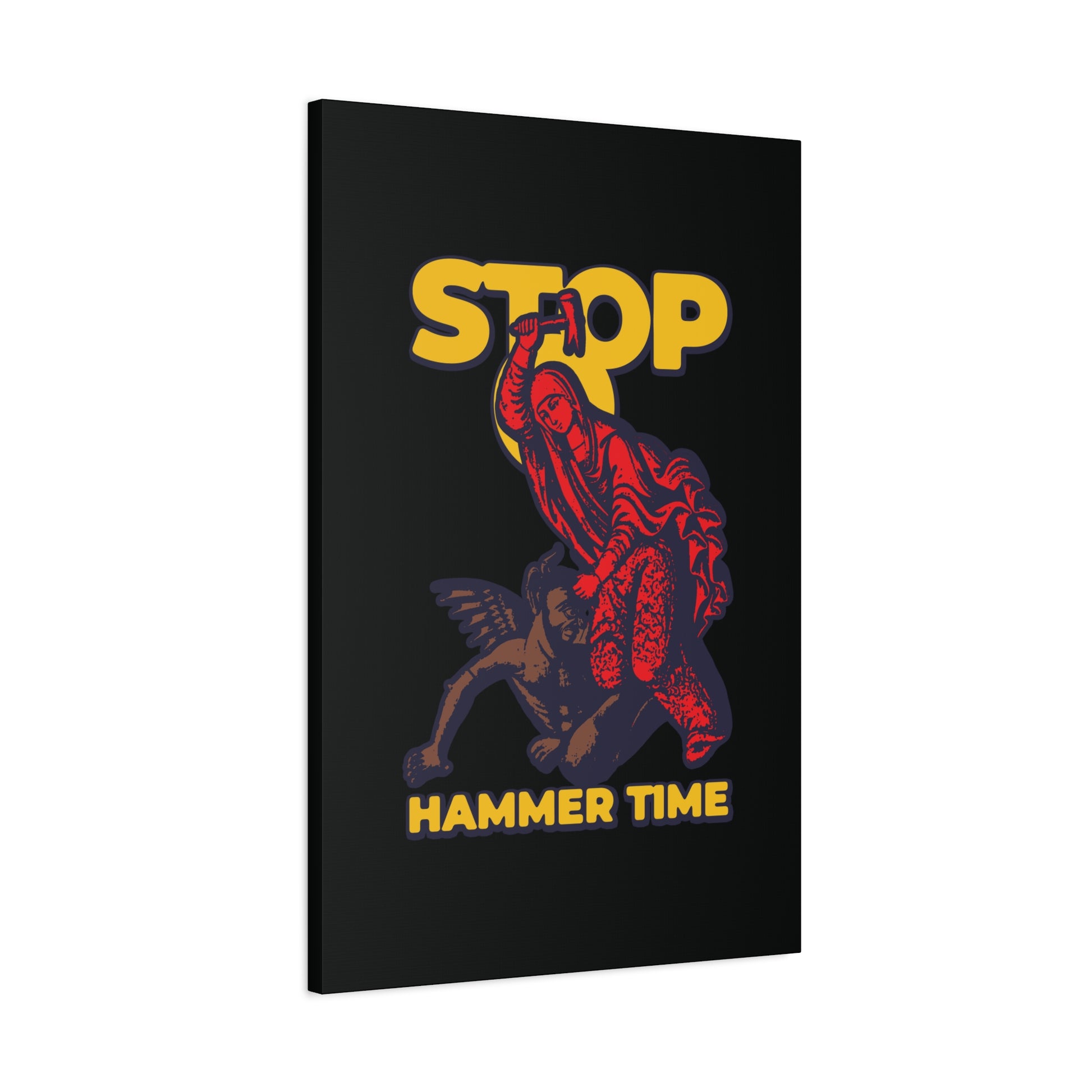A modern Orthodox meme print shows St Marina of Antioch on horseback beating the devil with a hammer, with bold yellow text "STOP, HAMMER TIME"—a playful, colorful piece of Christian wall art.