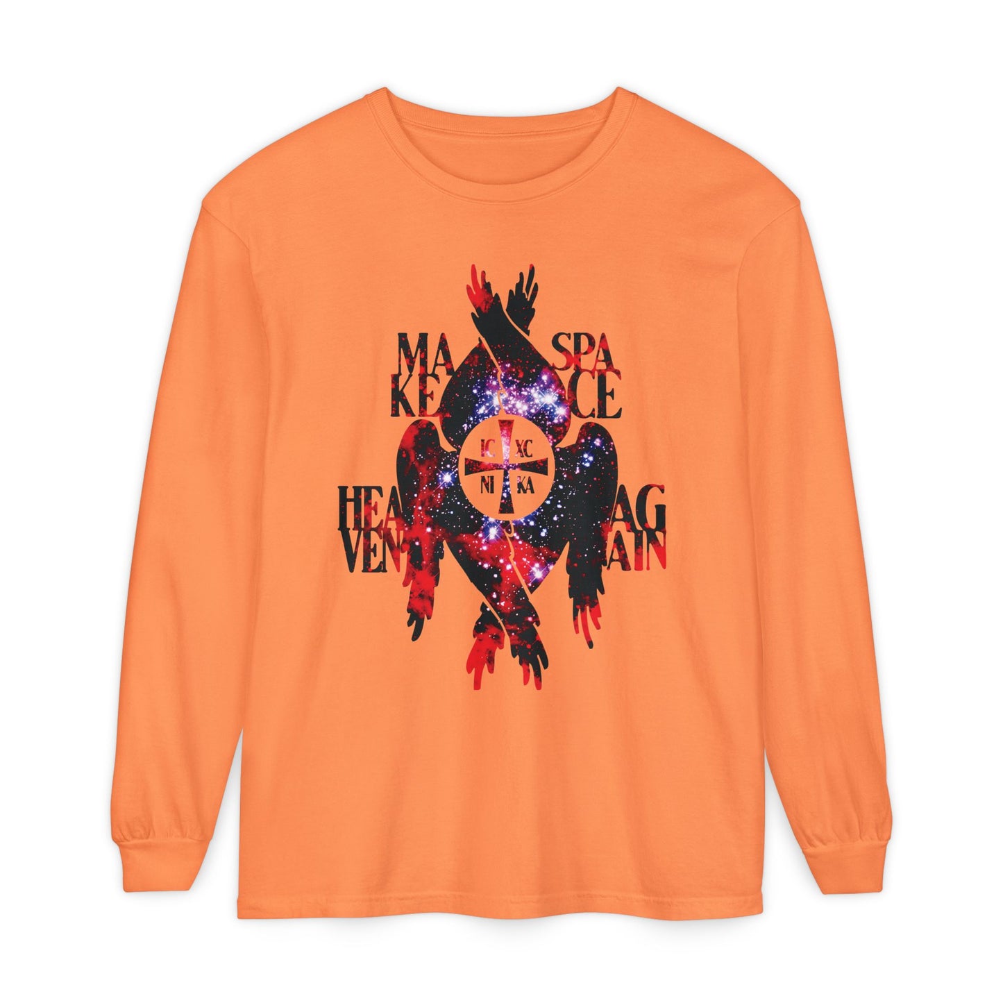 Melon long-sleeve shirt featuring the bold text "Make Space Heaven Again," a cosmic ICXC NIKA cross, and seraphim wings—an Orthodox Christian design inspired by the seven heavens.