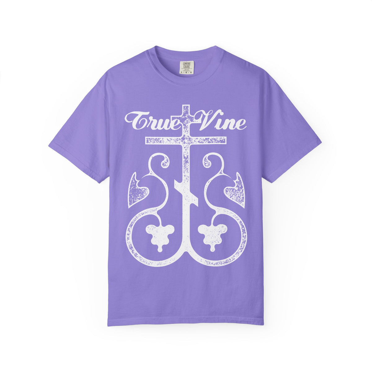 Violet heavyweight cotton unisex t-shirt featuring a photocopy-effect Orthodox cross with grape vine and ornate “I Am the True Vine” text, inspired by John 15 and Ezekiel 15.
