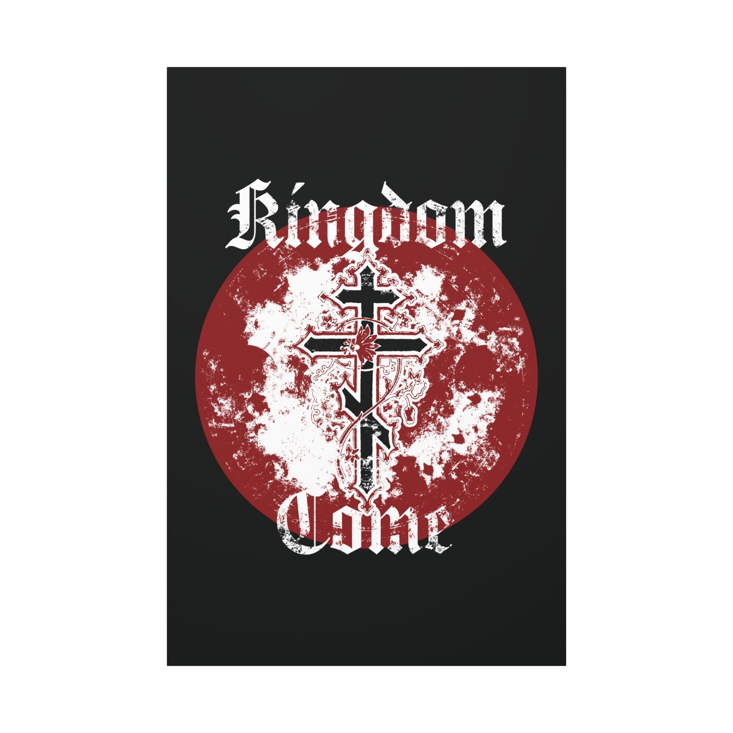 “Kingdom Come” Orthodox Christian canvas art with an Orthodox cross, vine details, and gothic font on a red and white circle—evoking the Lord’s Prayer in striking textured style.