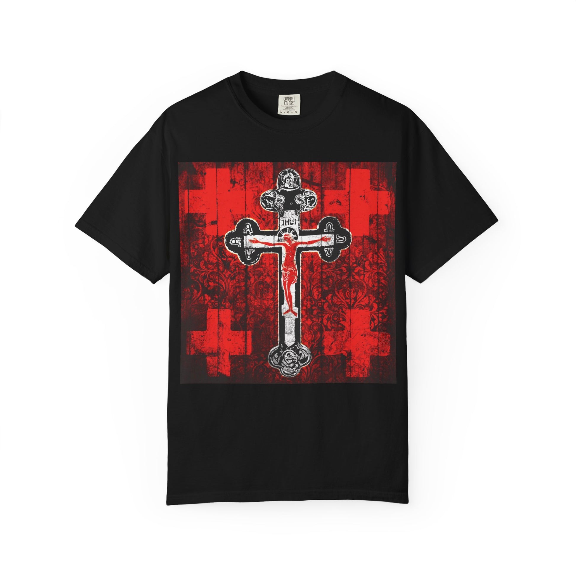 Black Alpha & Omega Art Cross heavyweight cotton unisex tee featuring a large, ornate red and white crucifix iconographic design set against a rich red and black patterned background. Inspired by the Adoration of the Precious and Life-Giving Cross, this Christian t-shirt is especially meaningful for Great Lent or Vespers.