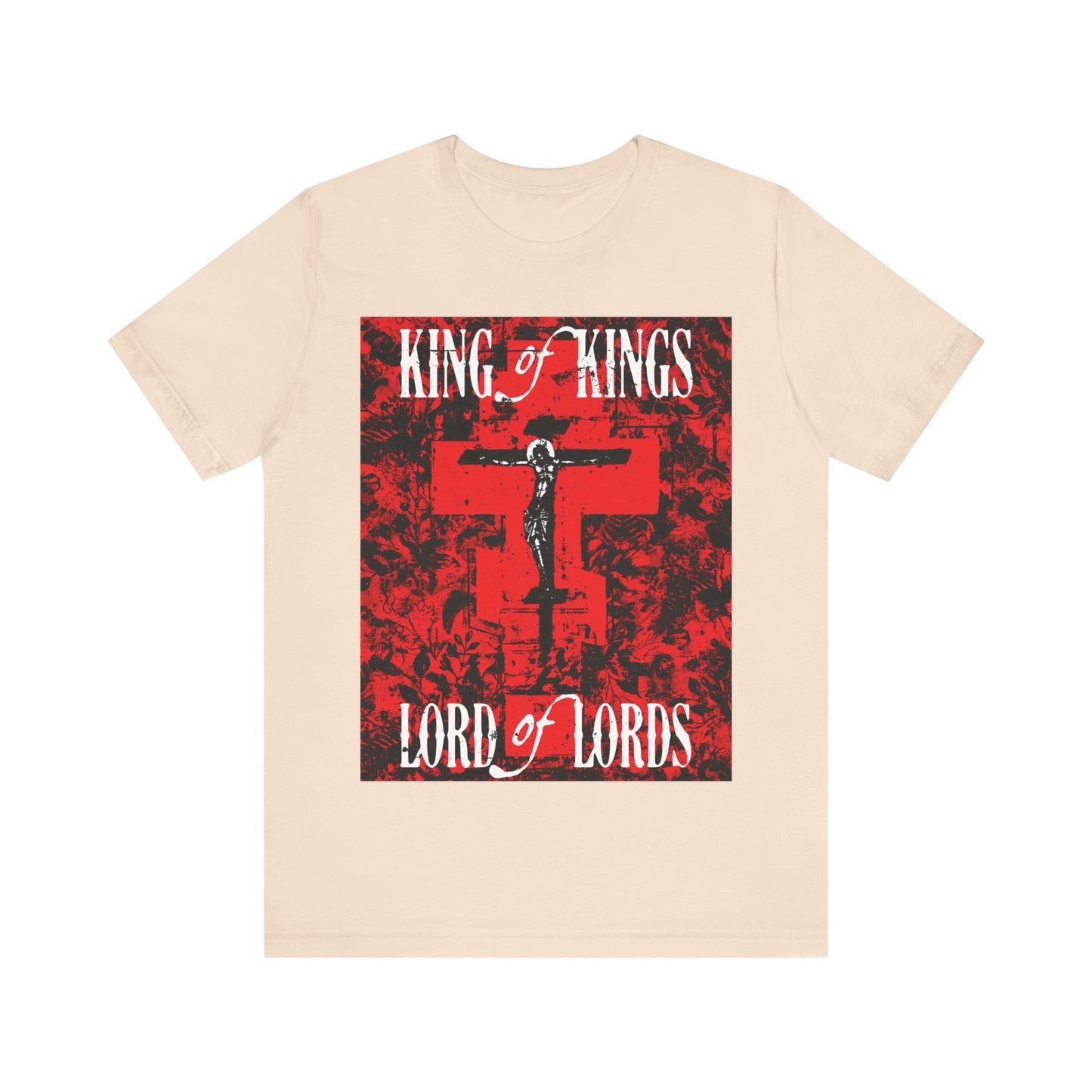 King of Kings, Lord of Lords | Christ Crucified Icono-Graphic | Red Cross Nature Texture w/ White Text | Christian Cotton T-Shirt