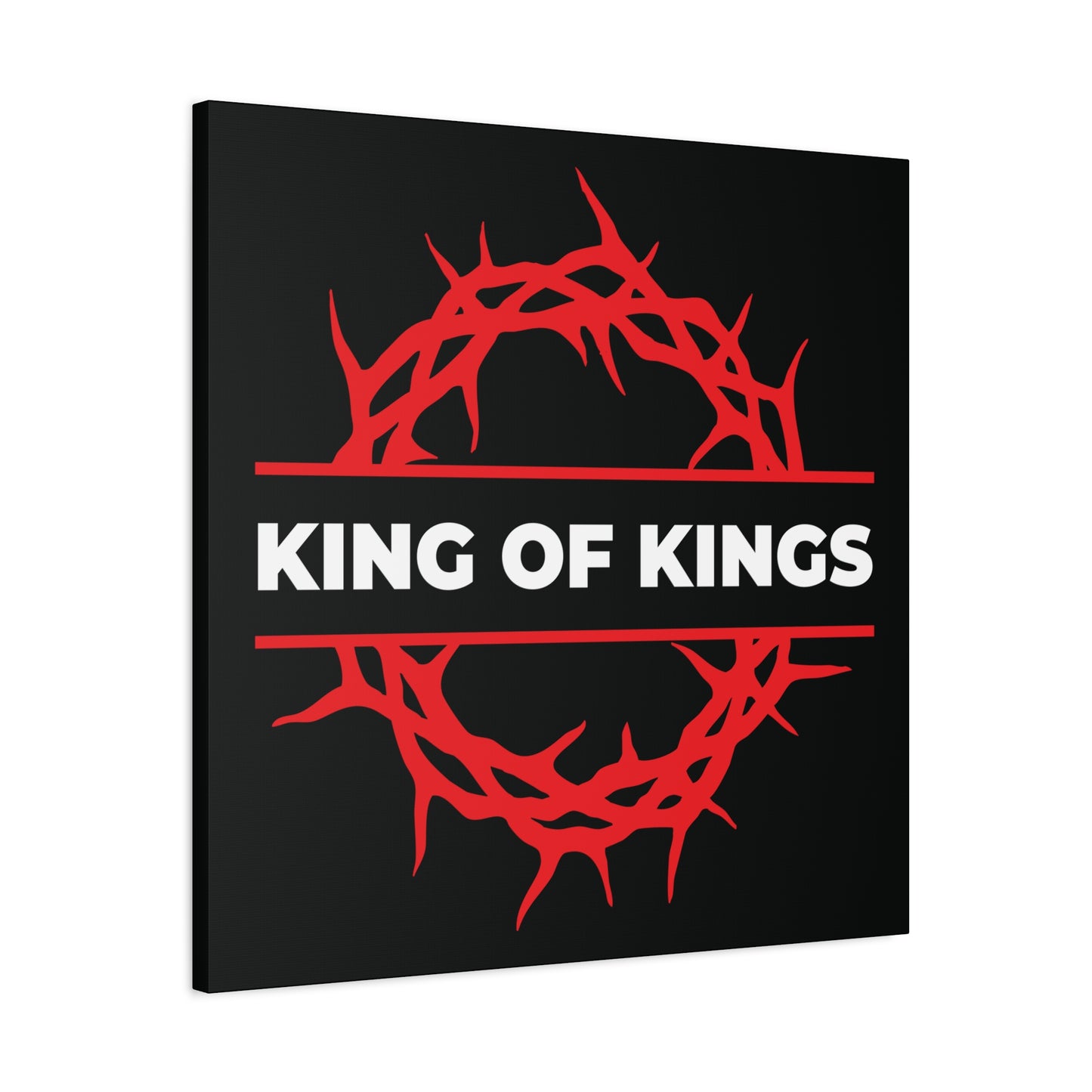 King of Kings Crown of Thorns | The King of Glory | Christ is King—bold canvas art featuring a red crown of thorns and "KING OF KINGS" text, inspired by Revelation 19:16.