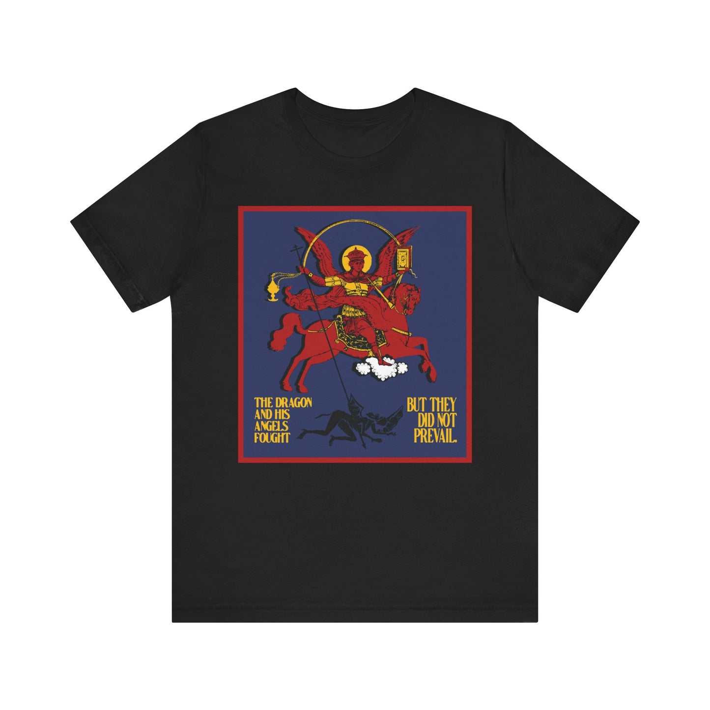 Black "Archangel Michael Defeating Satan the Dragon (Rev 12:7-8)" tee features iconographic art and quote: “The dragon and his angels fought, but they did not prevail.” Orthodox Christian lightweight cotton unisex shirt.