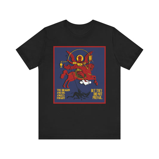 Black "Archangel Michael Defeating Satan the Dragon (Rev 12:7-8)" tee features iconographic art and quote: “The dragon and his angels fought, but they did not prevail.” Orthodox Christian lightweight cotton unisex shirt.