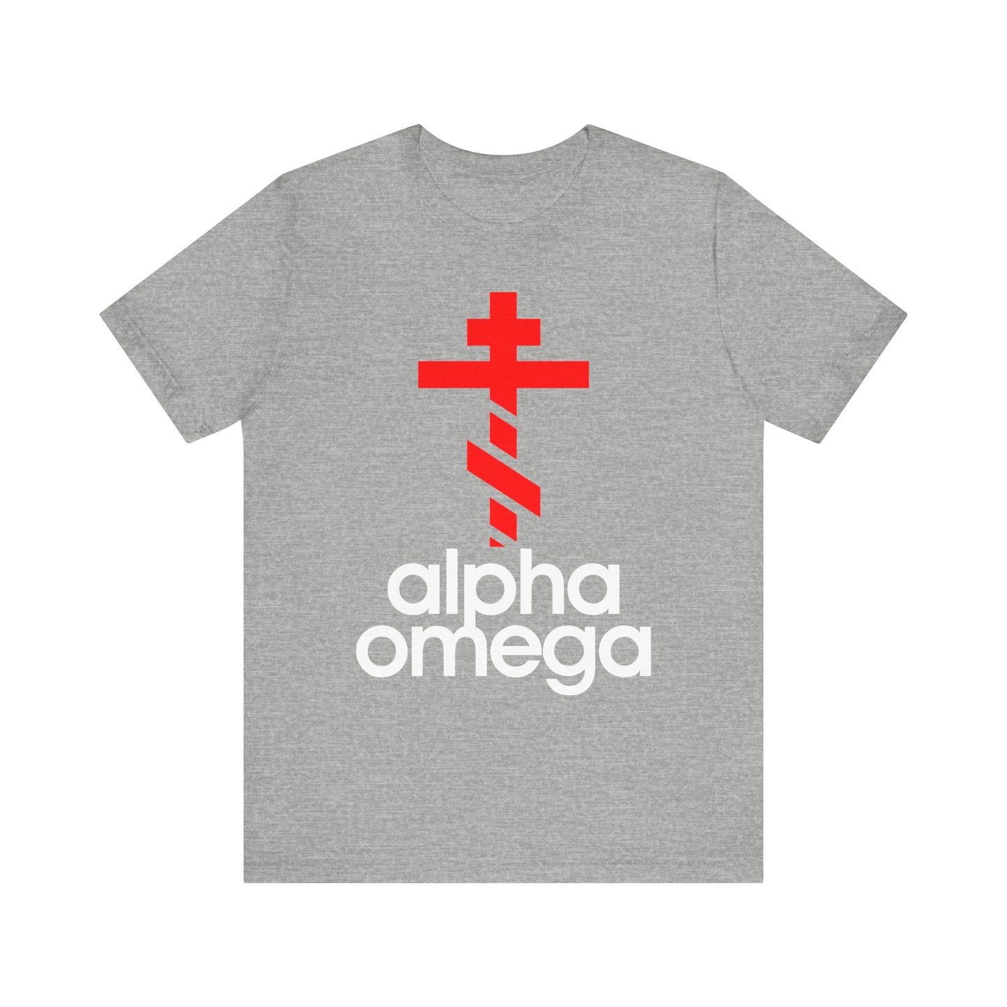 Express your faith with the Alpha & Omega Red Orthodox Cross tee—a minimalist Adidas-inspired mashup in athletic heather, featuring a bold cross over "alpha omega." Lightweight cotton, unisex fit!.