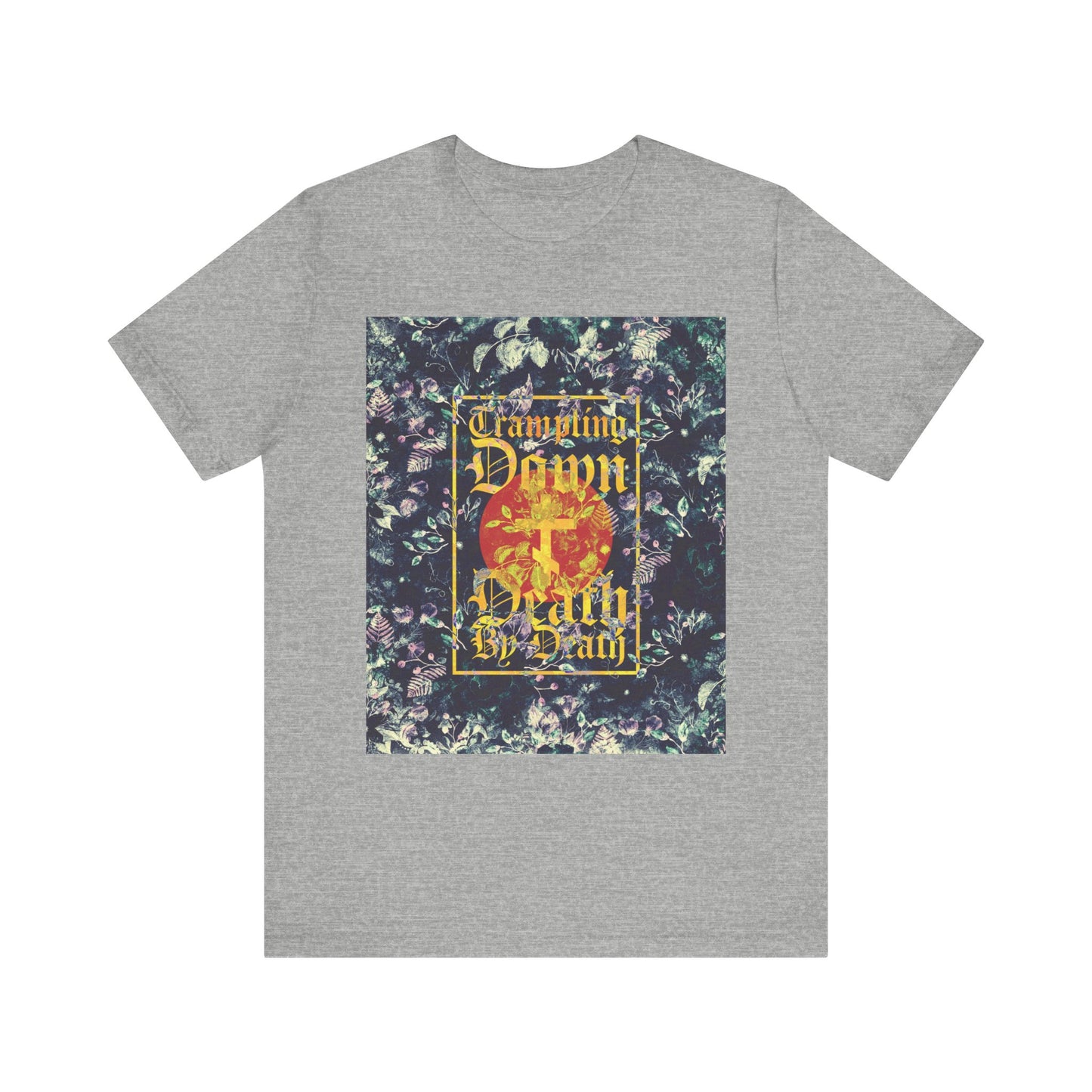 Athletic Heather t-shirt featuring a Paschal floral design with gothic script and a three-bar cross, displaying the yellow text "Trampling Down Death by Death" on the front—an Orthodox lightweight cotton unisex tee inspired by Jesus Conqueror and the words of St. Nikolai Velimirovic.