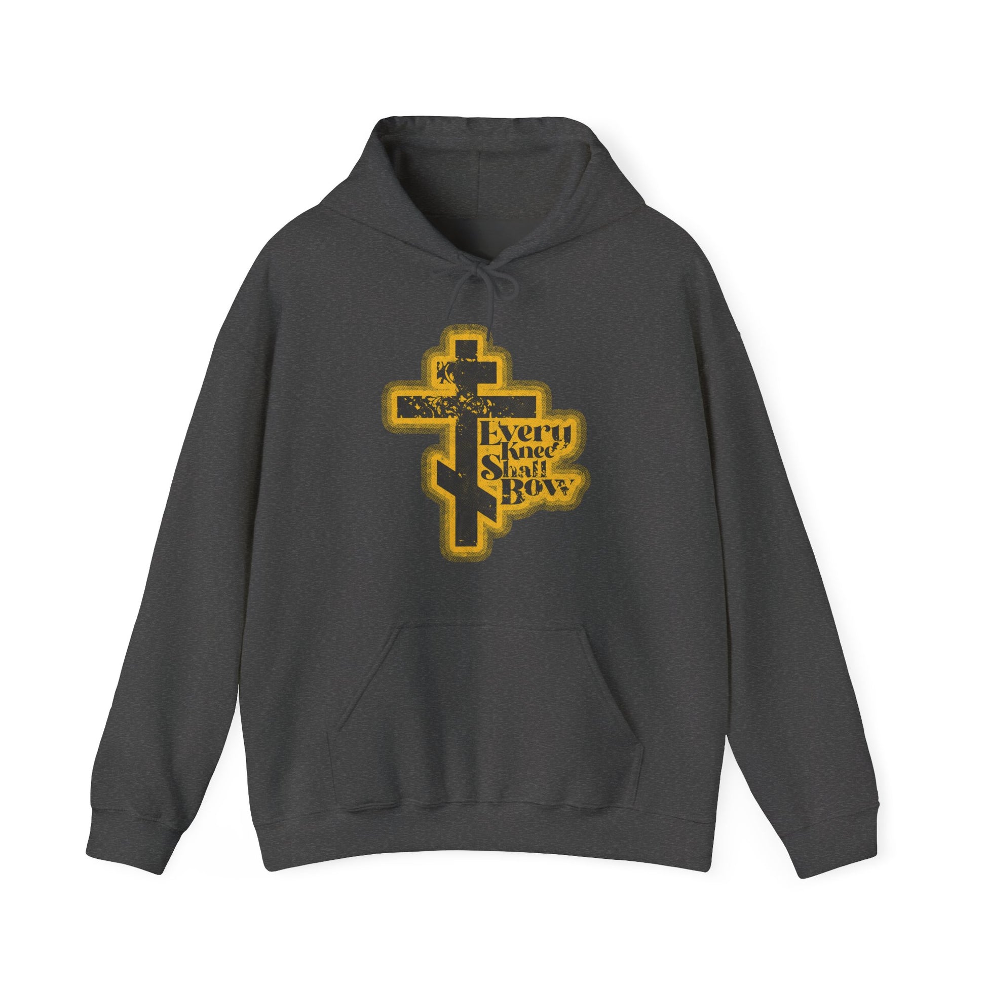 Dark Heather hoodie featuring a yellow cross, comic book halftone style, and "Every Knee Shall Bow" graphic with references to Philippians 2:10-11 and Isaiah 45:23—boldly proclaiming Christ as Lord.