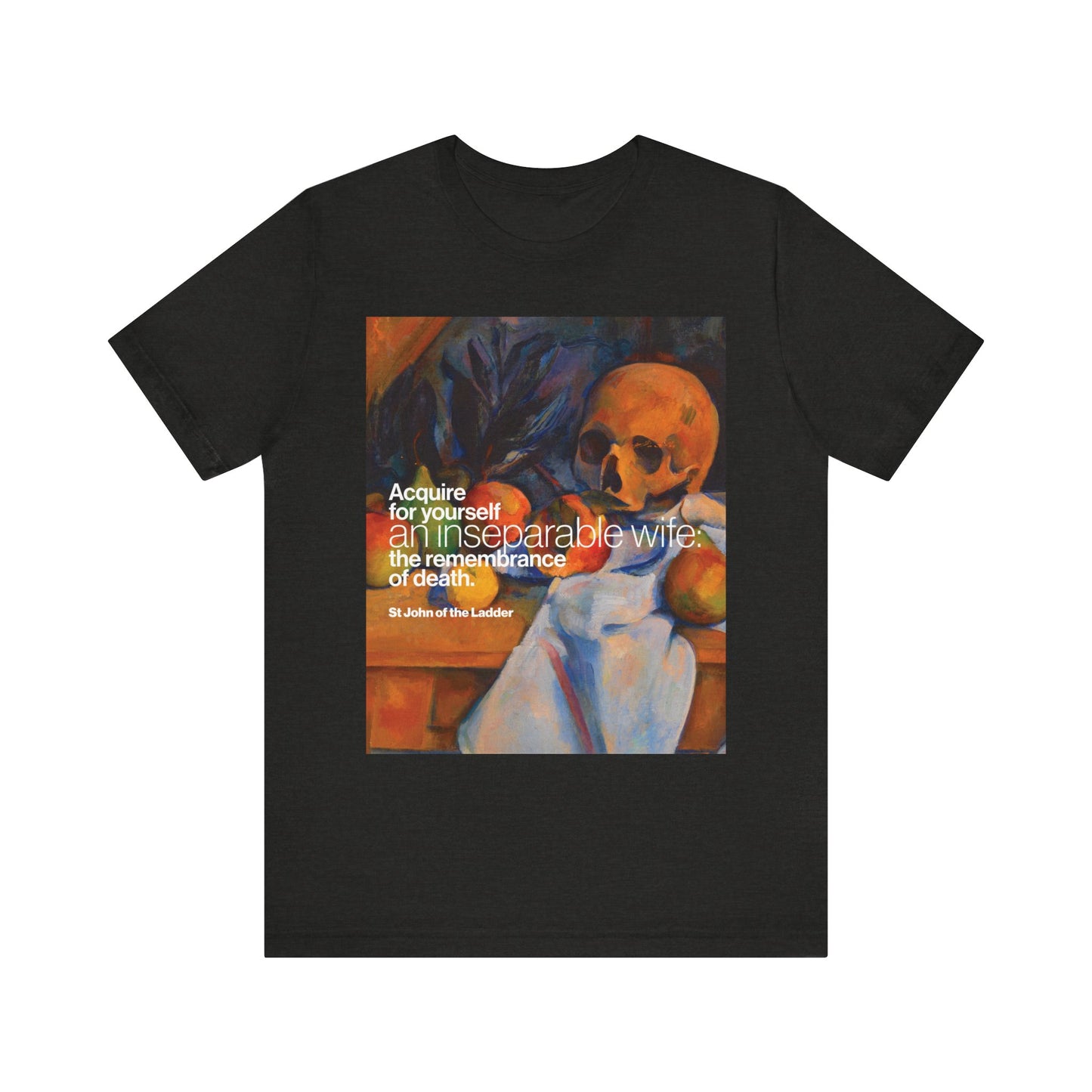 Black Heather unisex t-shirt inspired by Cezanne’s “Still Life w/ Skull” and St John Climacus’s teachings, featuring vibrant skull artwork. Lightweight cotton; perfect for Orthodox Christian reflection.