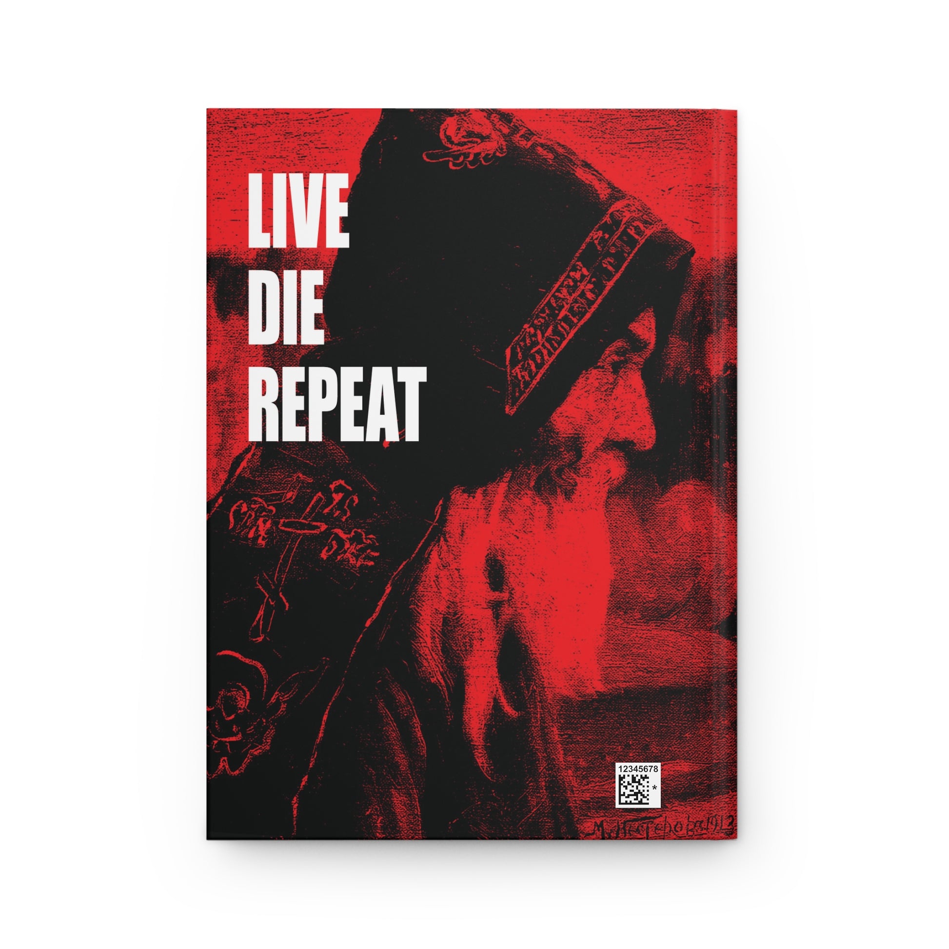 Red-tinted image of St Antony the Great evokes Nesterov’s style. Text: Live Die Repeat ("Monk" by Mikhail Nesterov) | Die Every Day, and You Will Live Forever—Orthodox Christian Hardcover Journal.