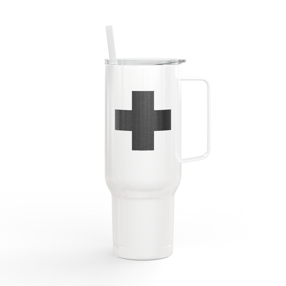 Minimalist Cross Engraved 40oz Koozie Tumbler—this insulated stainless steel travel mug features a handle, clear lid, and straw, showcasing a large black cross on the front. A thoughtful Orthodox Christian gift for commemorating the Exaltation of the Cross or reflecting on meaningful Kontakion prayers, perfect for home or travel.