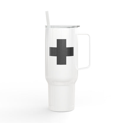 Minimalist Cross Engraved 40oz Koozie Tumbler—this insulated stainless steel travel mug features a handle, clear lid, and straw, showcasing a large black cross on the front. A thoughtful Orthodox Christian gift for commemorating the Exaltation of the Cross or reflecting on meaningful Kontakion prayers, perfect for home or travel.