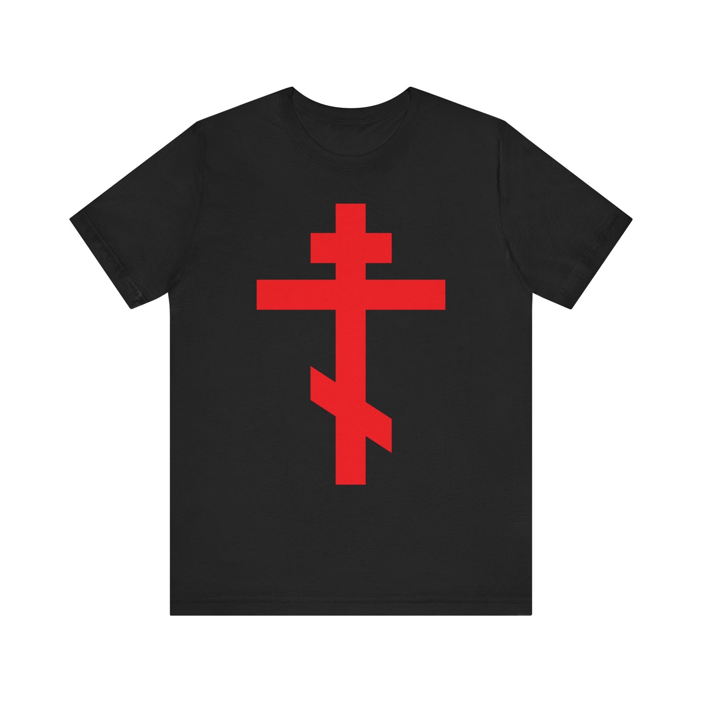 Black t-shirt with a bright red Orthodox Cross design and "Preserve Thy People By Thy Cross, O Lord" text, inspired by the Troparion of the Cross. Lightweight cotton unisex fit. "Crucified With Christ | Christ is King" motif.