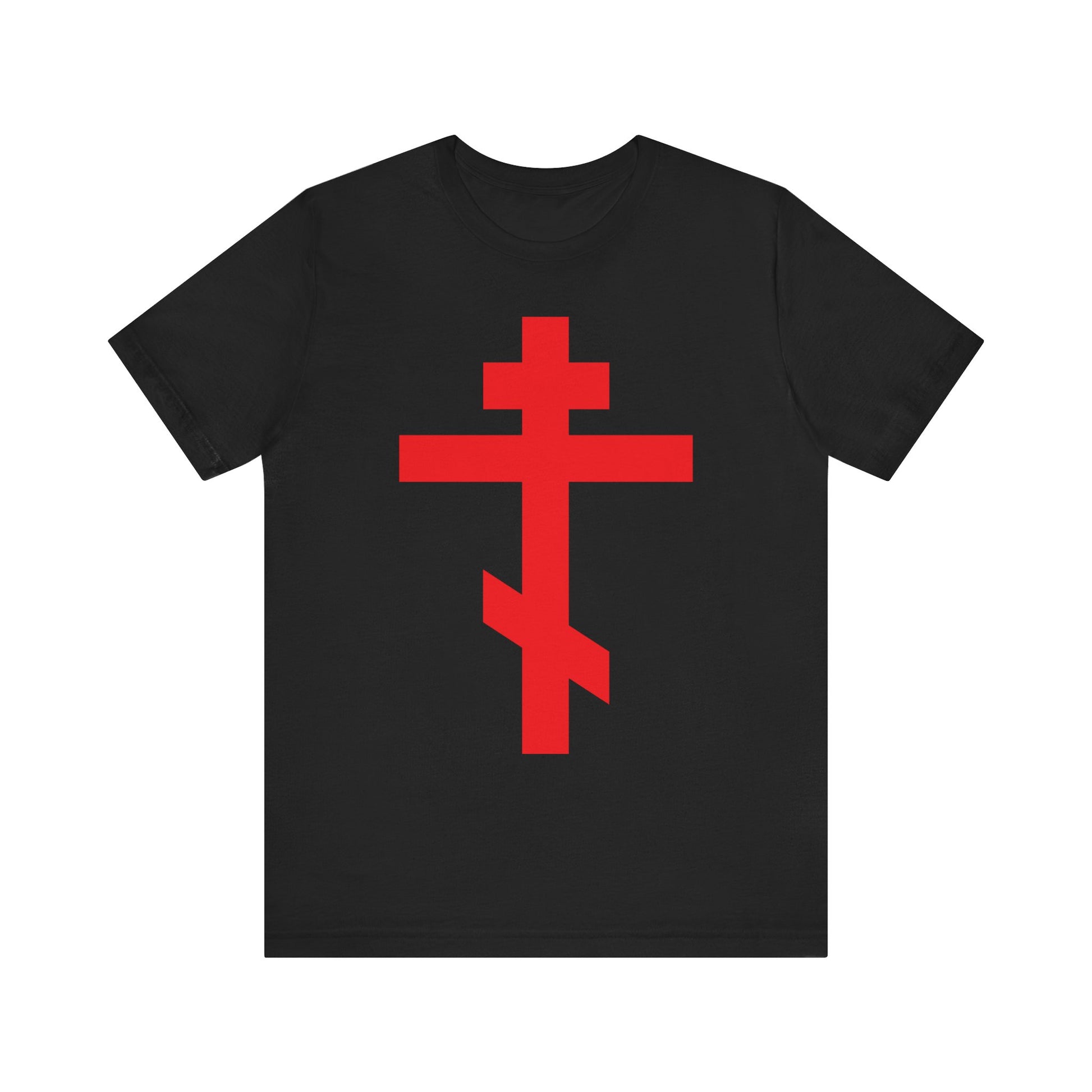 Black t-shirt with a bright red Orthodox Cross design and "Preserve Thy People By Thy Cross, O Lord" text, inspired by the Troparion of the Cross. Lightweight cotton unisex fit. "Crucified With Christ | Christ is King" motif.