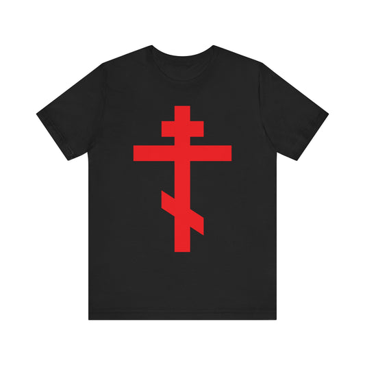 Black t-shirt with a bright red Orthodox Cross design and "Preserve Thy People By Thy Cross, O Lord" text, inspired by the Troparion of the Cross. Lightweight cotton unisex fit. "Crucified With Christ | Christ is King" motif.