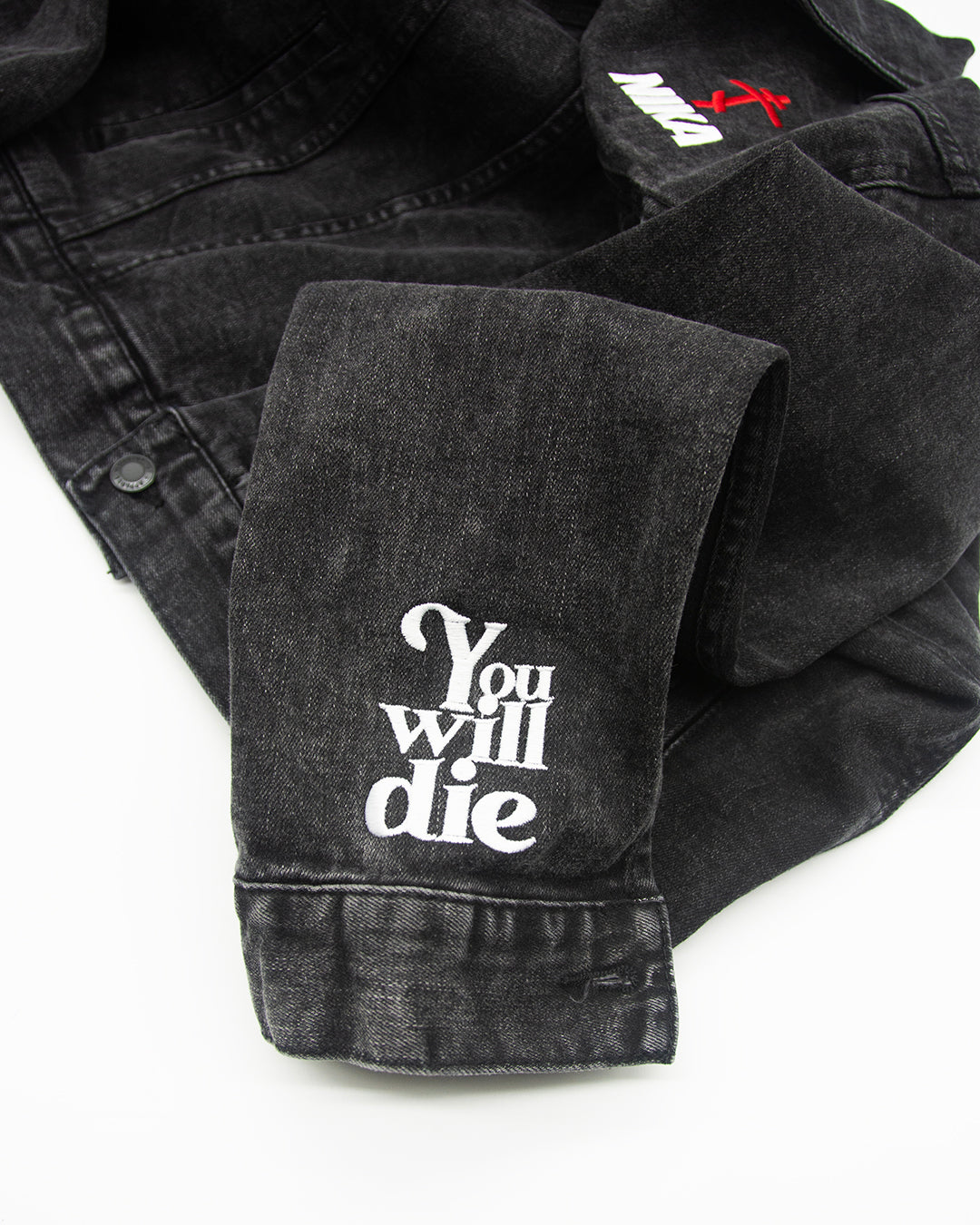 NIKA Red Embroidered Orthodox Cross | NIKE Logo Mashup | Sports Logo Aesthetic | Remember You Will Die Embroidered Sleeve Accents | Denim Jean Jacket