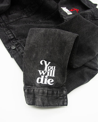 NIKA Red Embroidered Orthodox Cross | NIKE Logo Mashup | Sports Logo Aesthetic | Remember You Will Die Embroidered Sleeve Accents | Denim Jean Jacket
