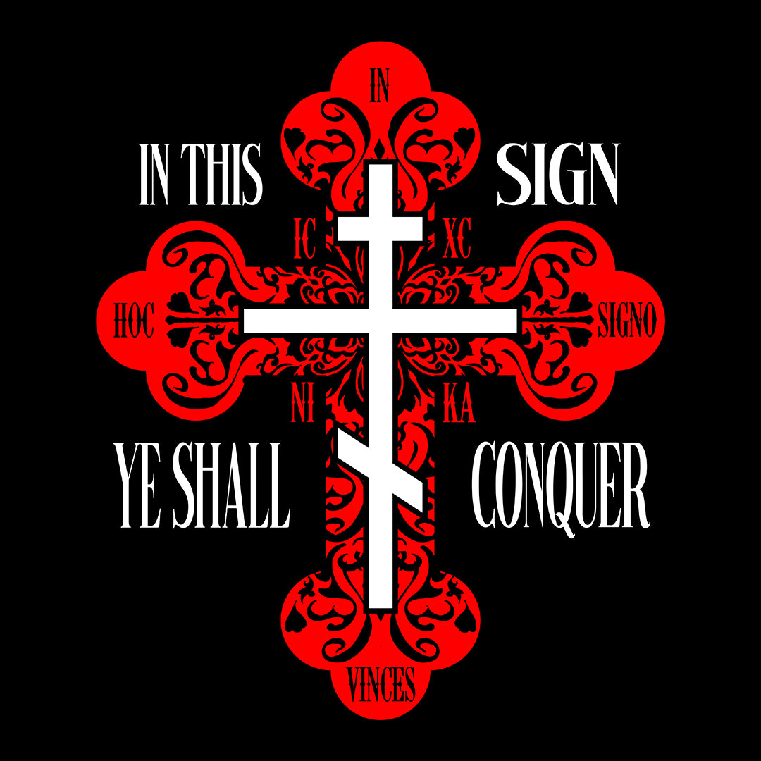 A red and black ornate Orthodox Cross tee with “In This Sign Ye Shall Conquer,” Greek & Latin: In Hoc Signo Vinces, ICXC NIKA, symbolizing Christ’s victory—In This Sign Ye Shall Conquer | Unisex Christian Shirt.