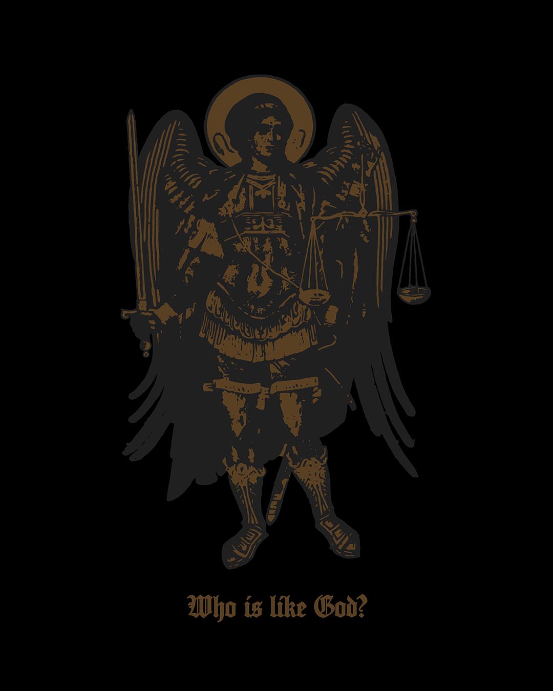 The Black & Bronze Archangel Michael With Sword & Scales of Justice Icono-Graphic Orthodox Hooded Cotton Shirt features a winged armored figure above the text "Who Is Like God?.